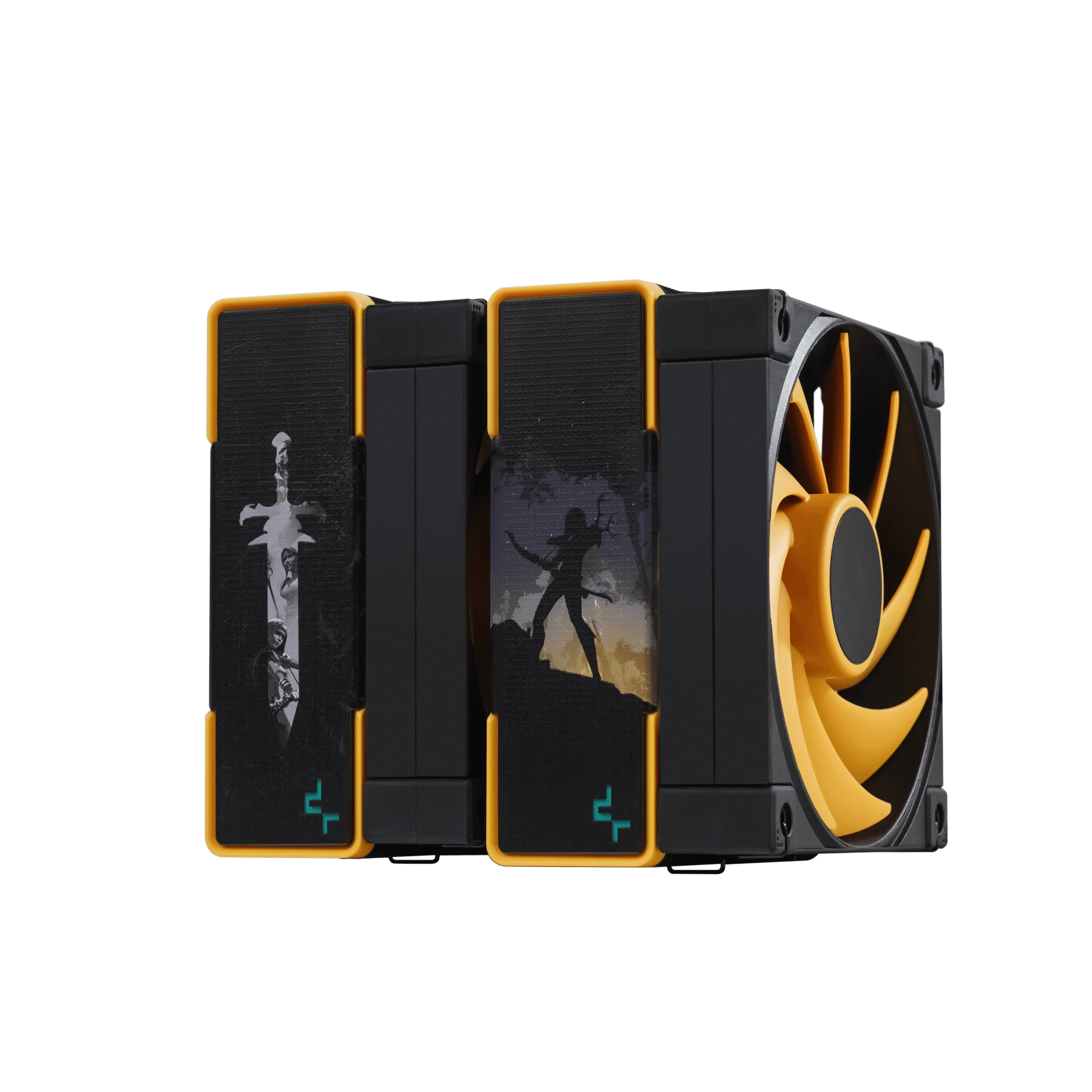 Ventilateur d'ordinateur noir et jaune avec deux composants noirs. Chaque composant a un graphisme et une bordure jaune.