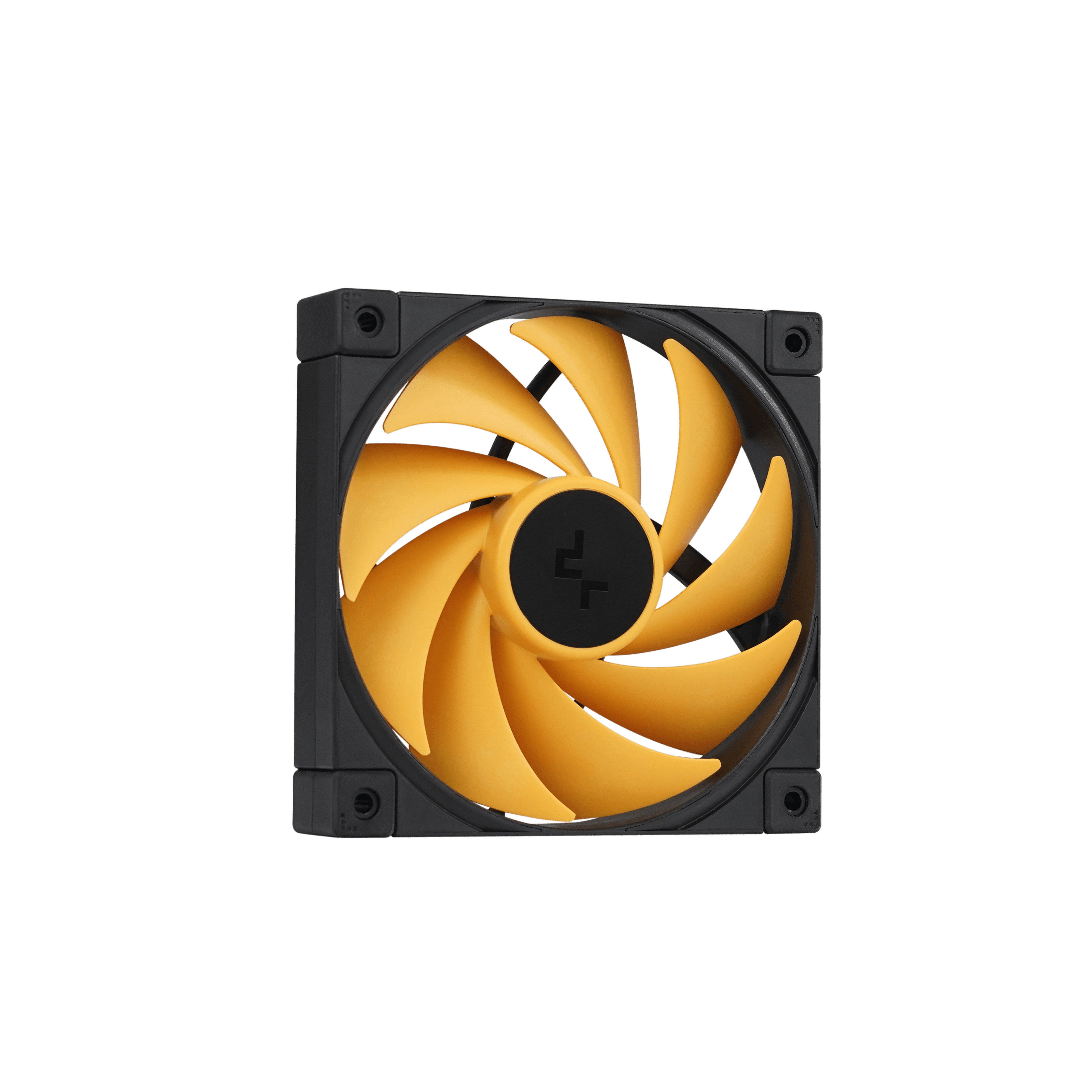 Un ventilateur d'ordinateur avec des pales jaunes et un cadre noir, sur fond blanc.