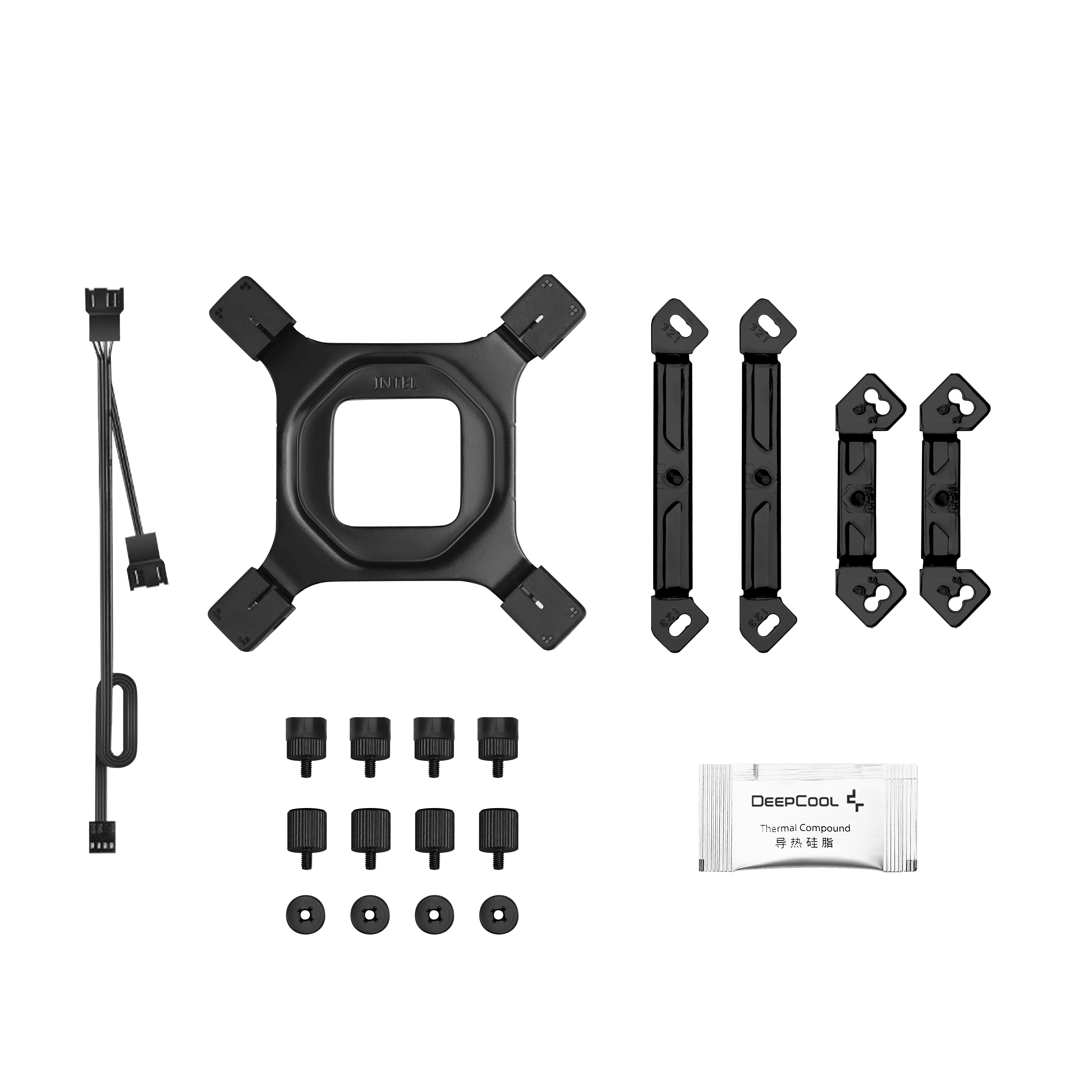 Composants PC noirs: support, vis, sachet de pâte thermique et fils sur fond blanc.