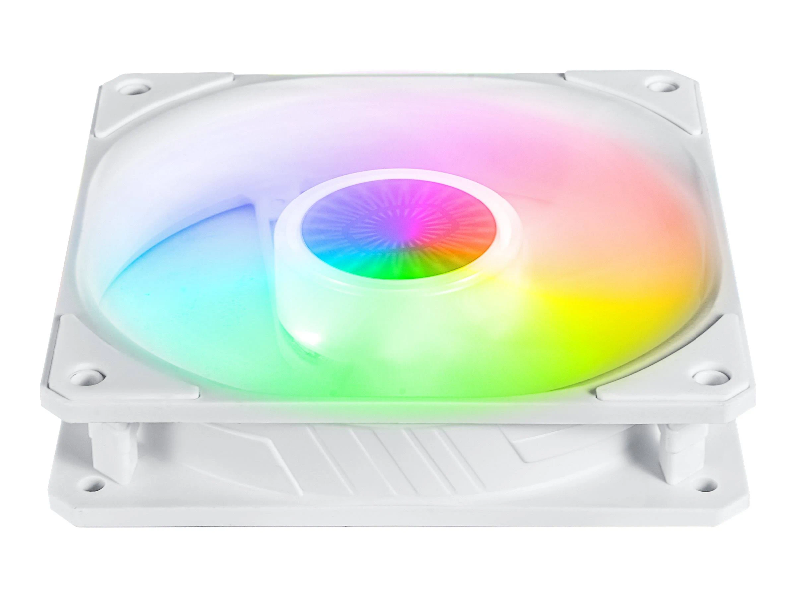 Una ventola per computer bianca con luci a LED color arcobaleno. Le pale della ventola sono visibili e il centro ha un design circolare.