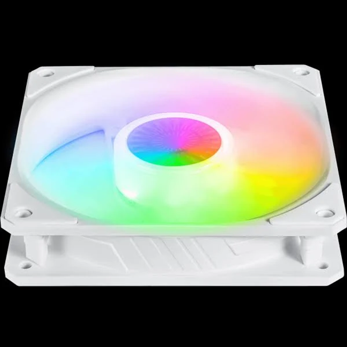 Ventola per computer bianca con luci LED colorate. Cornice quadrata, centro circolare con colori arcobaleno.