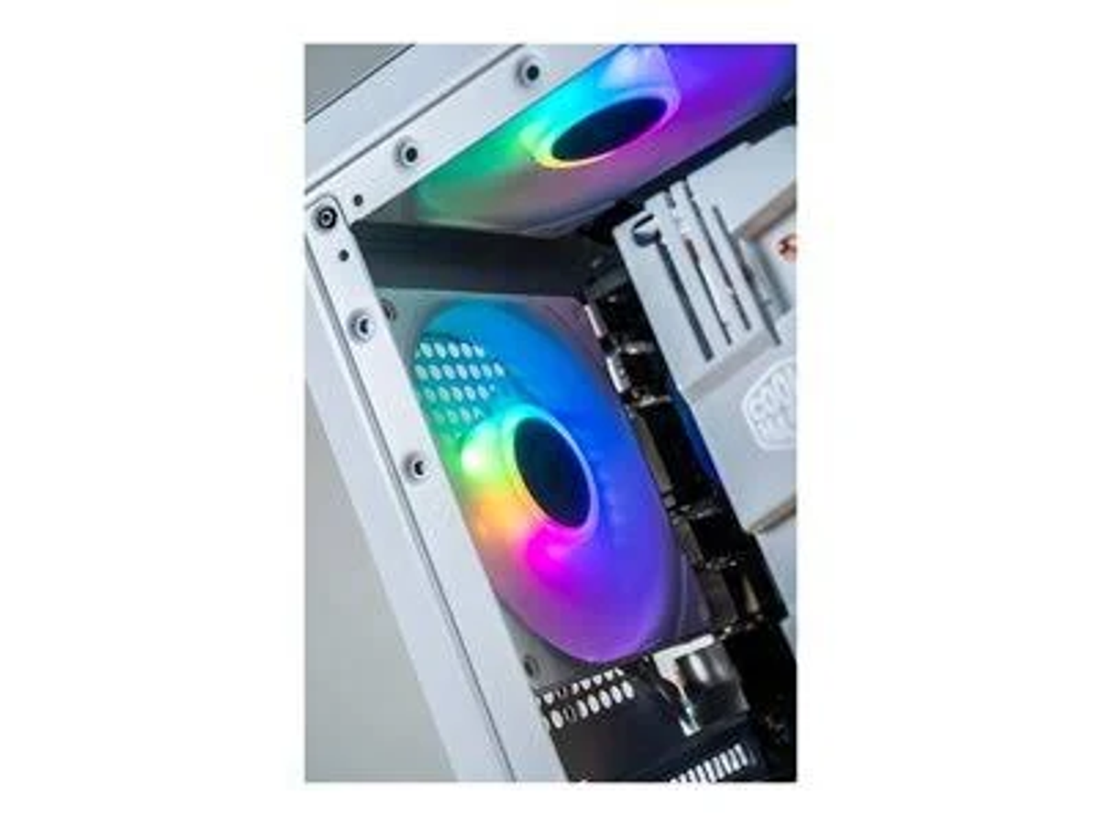 All'interno di un case per computer, sono visibili due ventole con luci a LED colorate. Il case è metallico, con componenti all'interno.