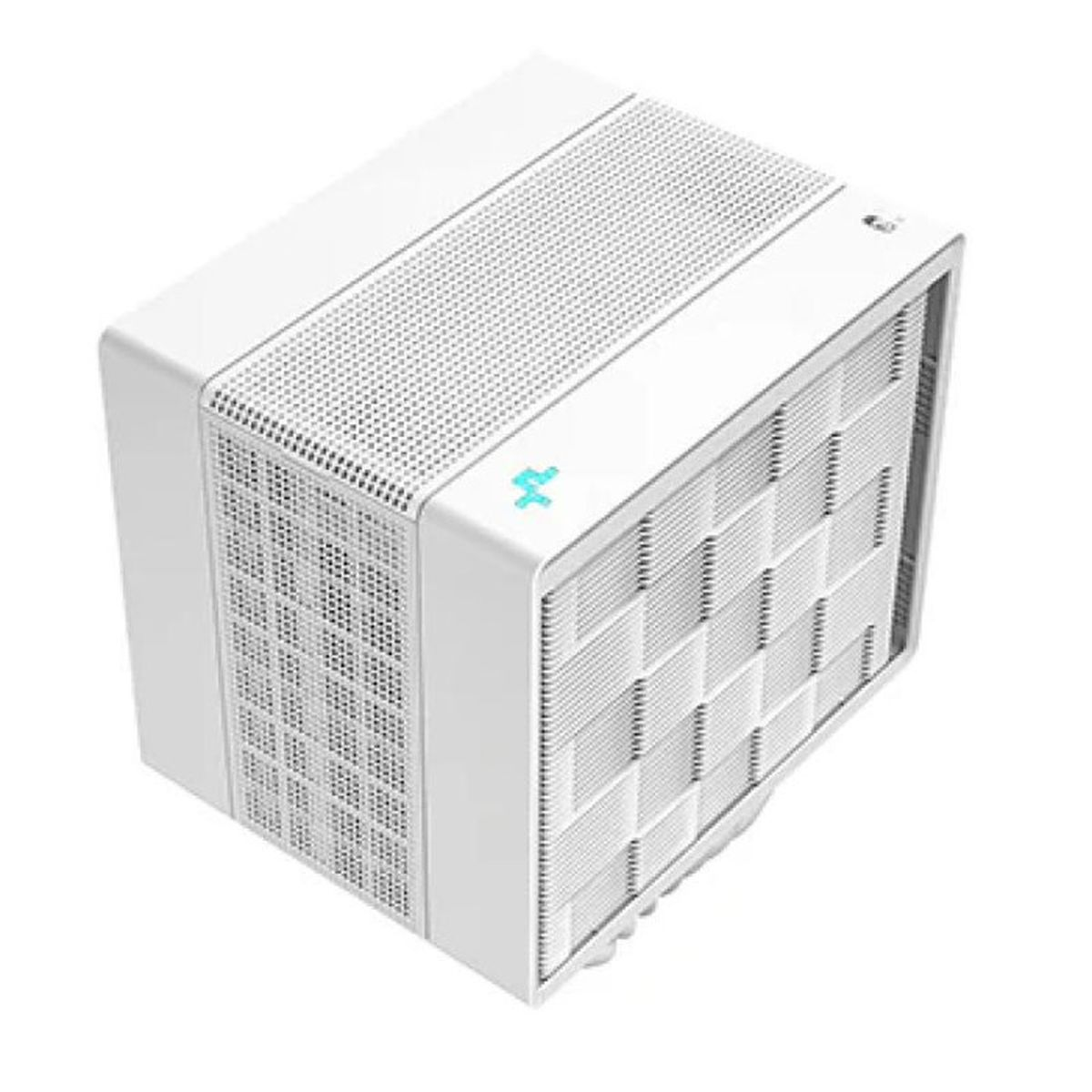Un purificatore d'aria bianco con un design a griglia sui lati. Ha una parte superiore perforata e un logo blu.