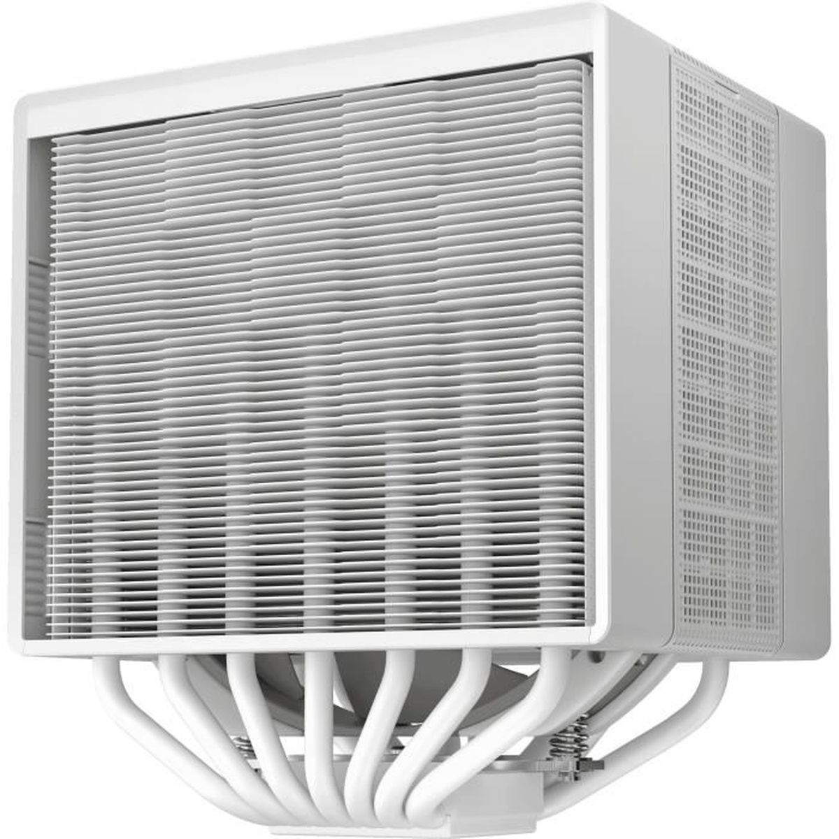 Un dissipatore per CPU bianco con un grande dissipatore di calore e più heatpipe. Il design è pulito e moderno. La ventola è al centro.