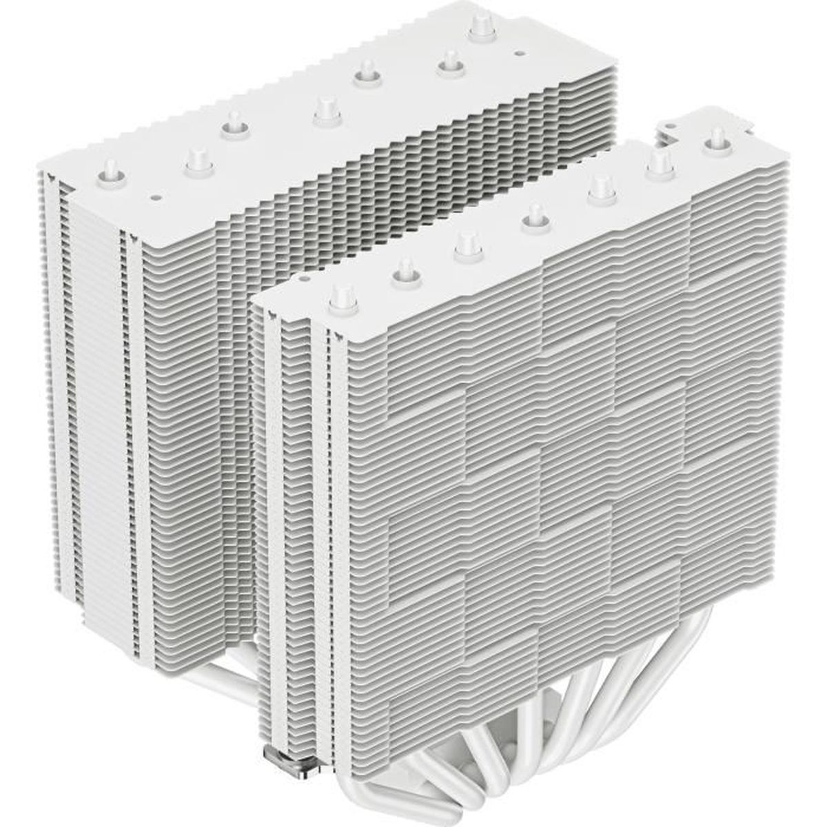 Un dissipatore CPU bianco con due pile di alette e più heat pipe. La parte superiore ha diversi tappi bianchi.