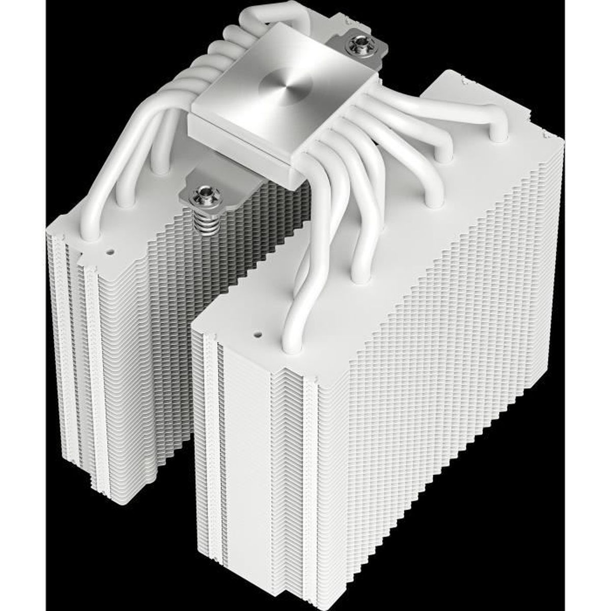 Dissipatore per computer bianco con due serie di alette impilate. I tubi si collegano a un blocco centrale quadrato.