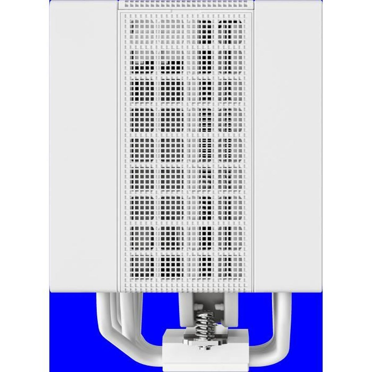 Un dissipatore CPU bianco con un design a griglia su sfondo blu. Ha più heatpipe e un meccanismo a molla.
