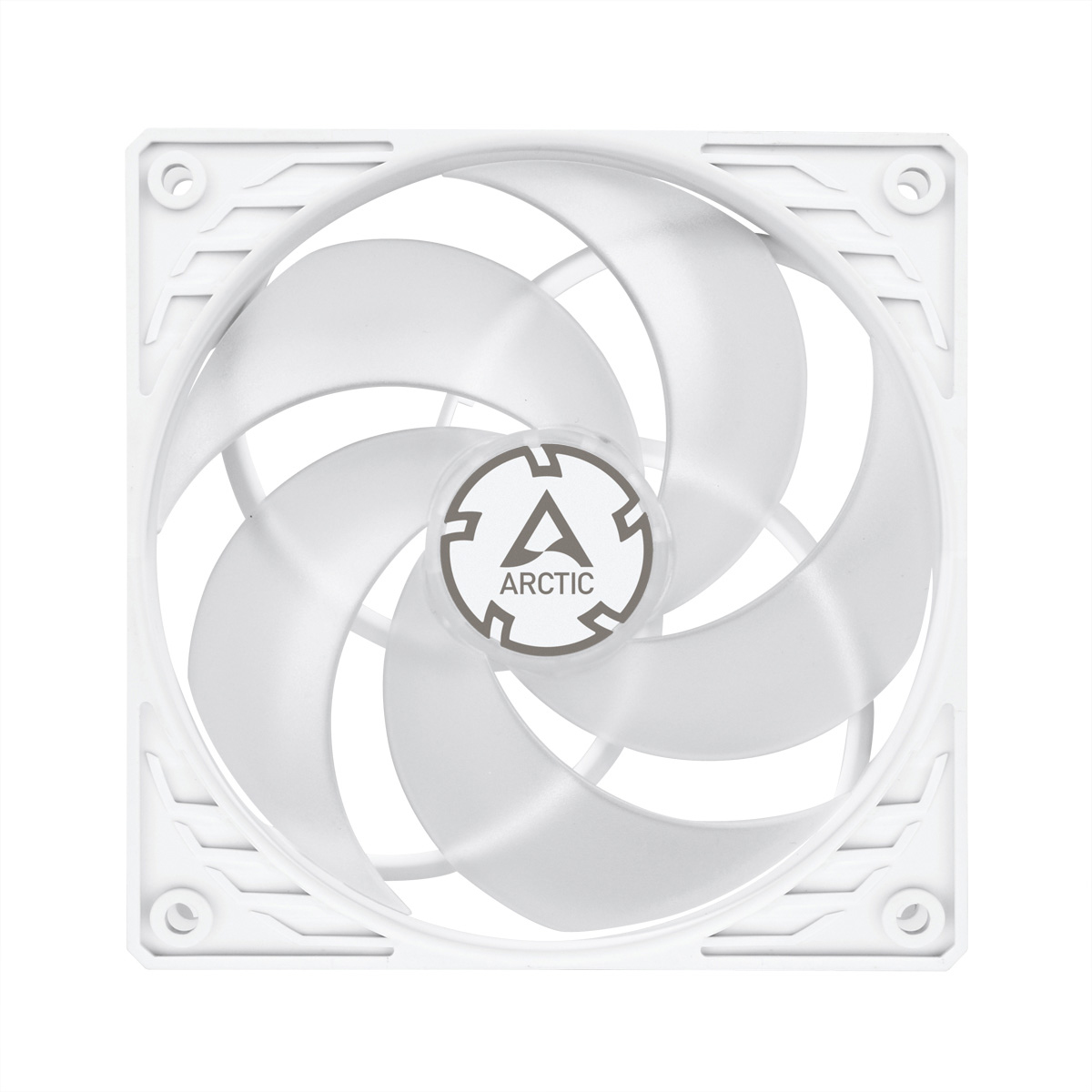 Ventola per computer bianca con sette pale. Il centro ha il logo Arctic. Cornice quadrata con fori per viti.