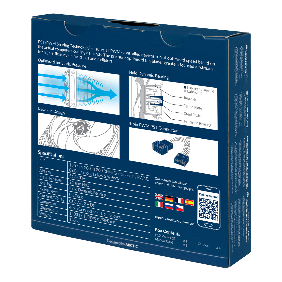Scatola che mostra una ventola con specifiche, diagrammi e codice QR del manuale multilingue. Il testo include 'PST' e 'ARCTIC'.