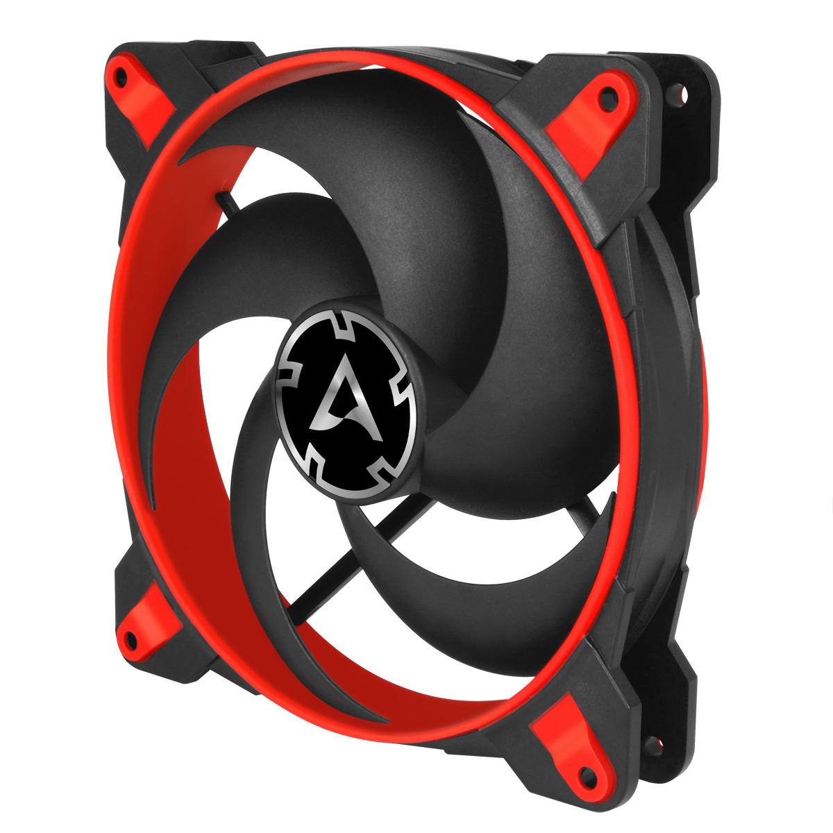 Una ventola per computer con pale nere, un anello rosso e una cornice nera. Il centro ha un logo in un cerchio argentato.