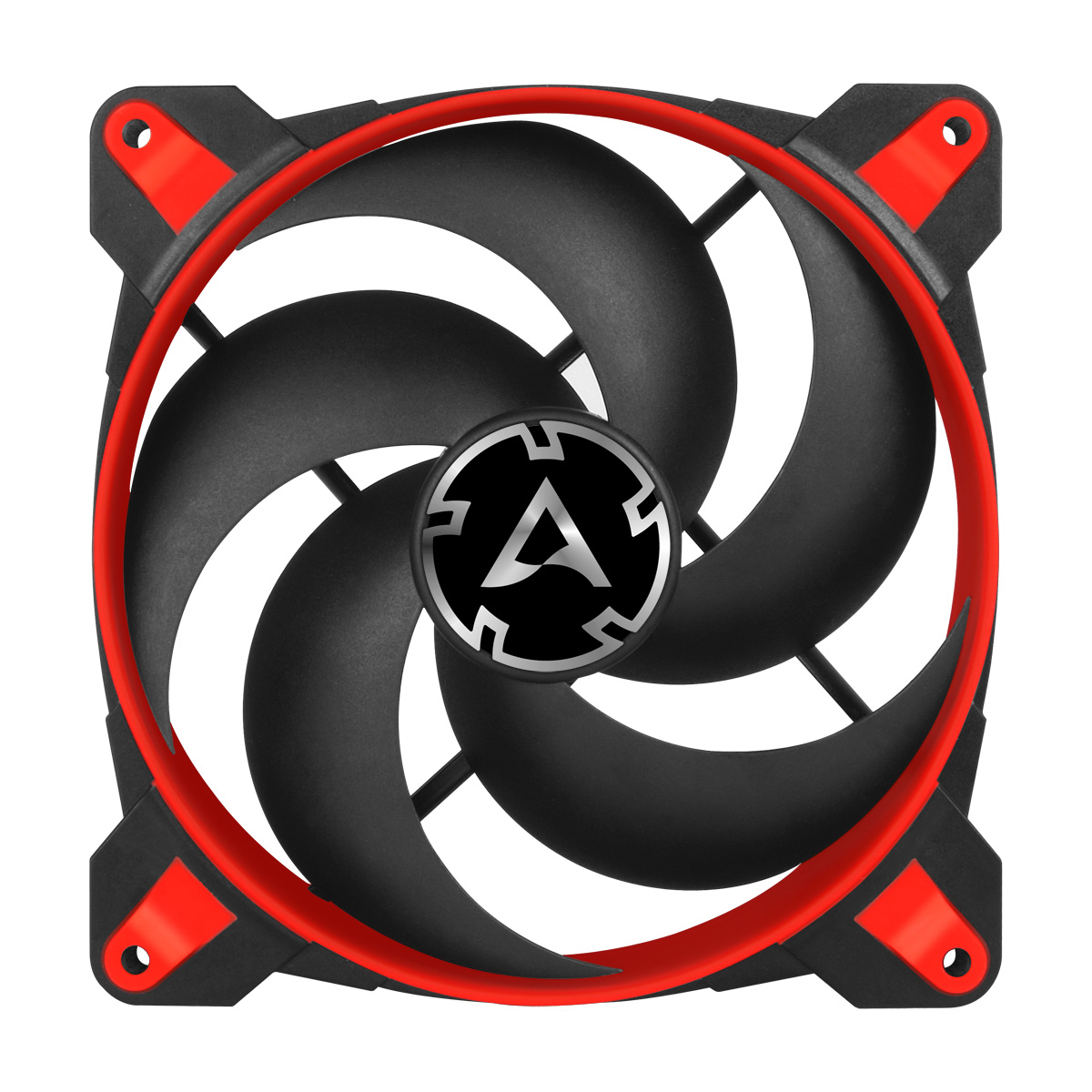 Una ventola per computer con pale nere, un anello rosso e angoli neri. Il centro ha un logo con una 'A' argentata su sfondo nero.
