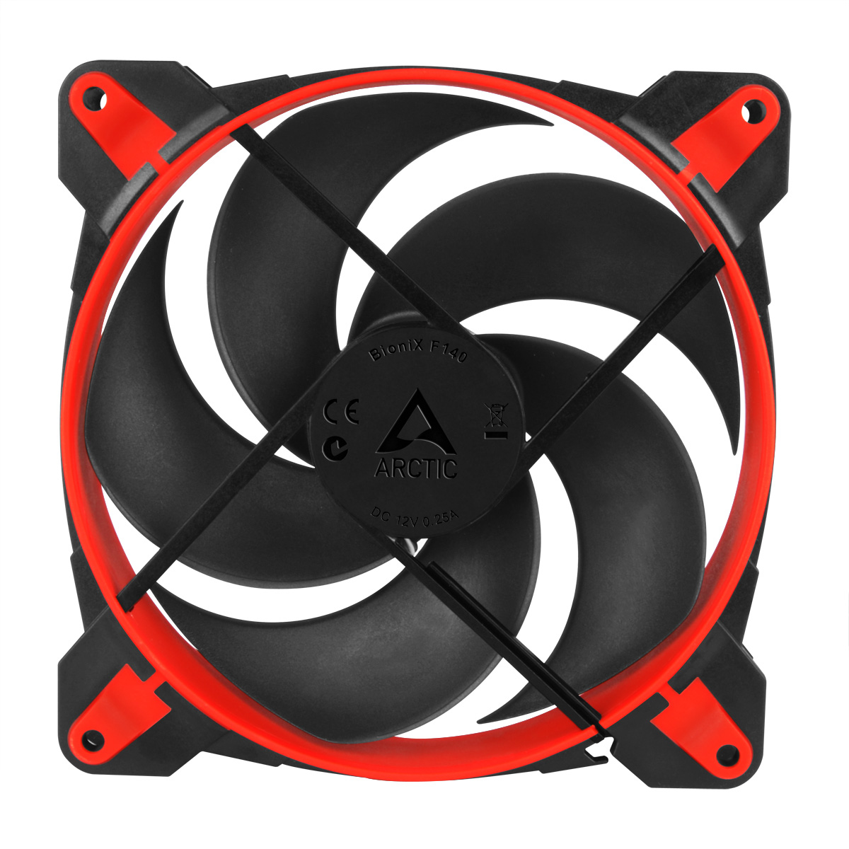 Una ventola per computer nera e rossa. Ha pale ricurve e una cornice rossa circolare. Il centro presenta il logo Arctic.