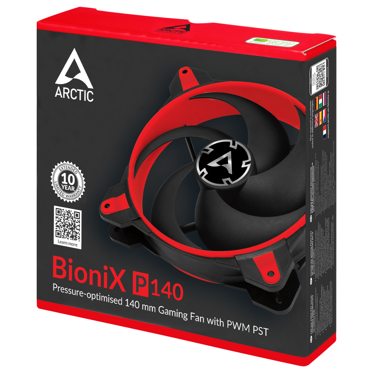 Scatola con una ventola per computer nera e rossa. Il testo include 'BioniX P140' e 'ARCTIC'. Un codice QR e informazioni sulla garanzia sono visibili.