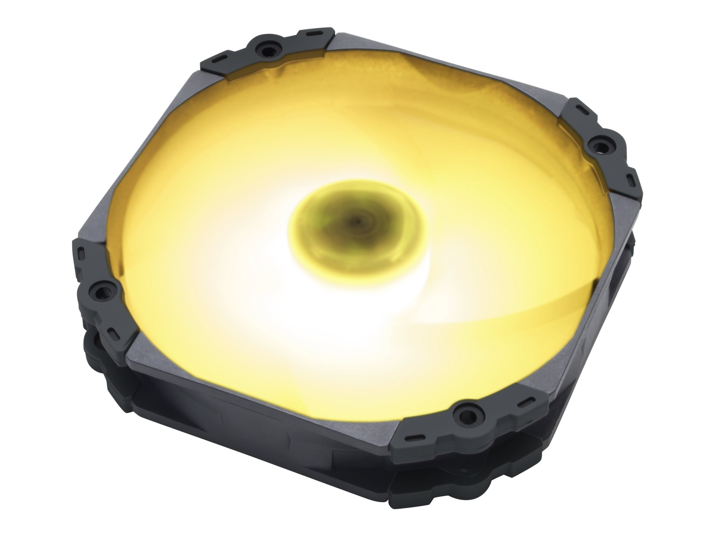 Una ventola per computer con luce gialla è mostrata su sfondo bianco. La ventola ha una cornice nera.