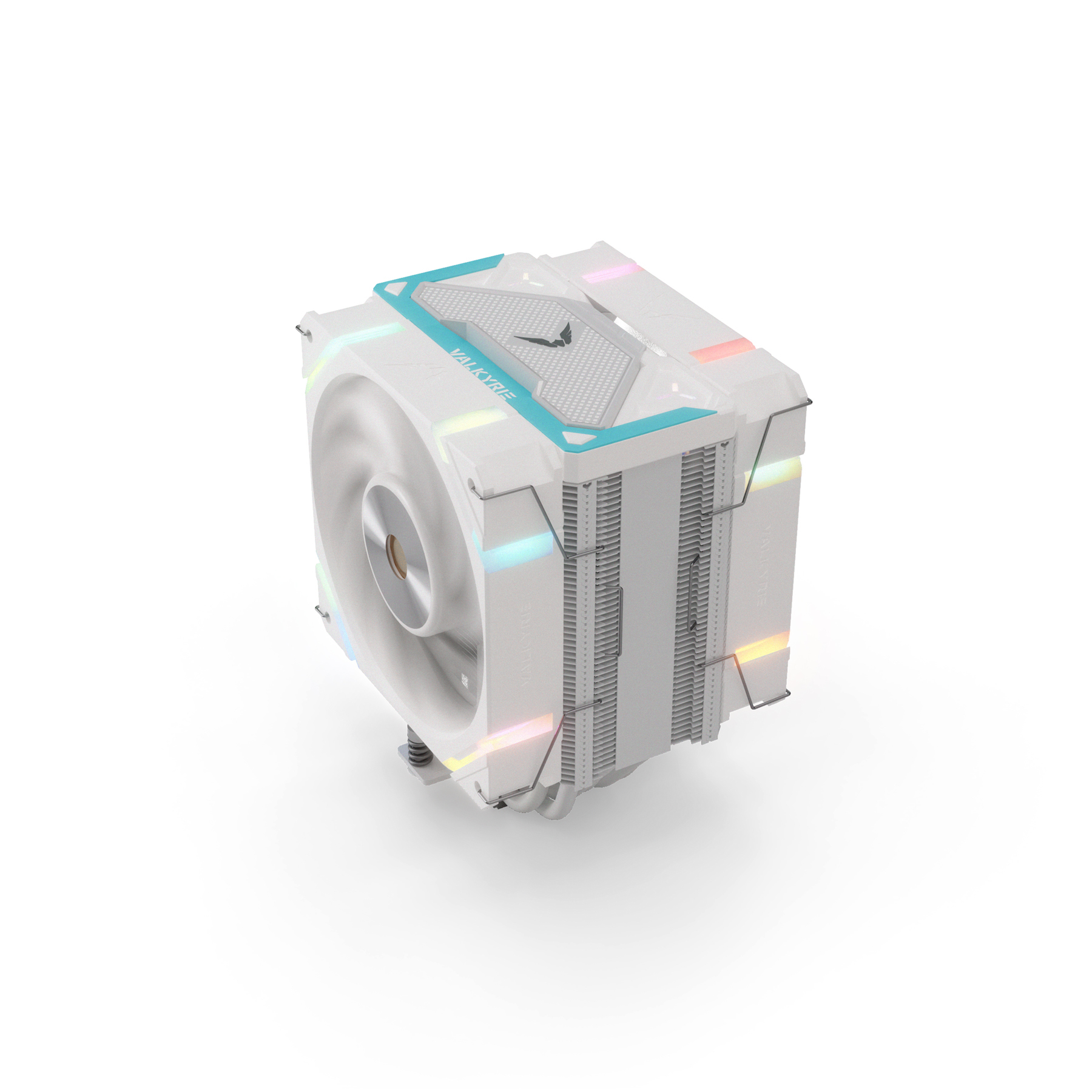 Un dissipatore CPU Valkyrie bianco con ventola, alette metalliche e dettagli blu, su sfondo bianco.