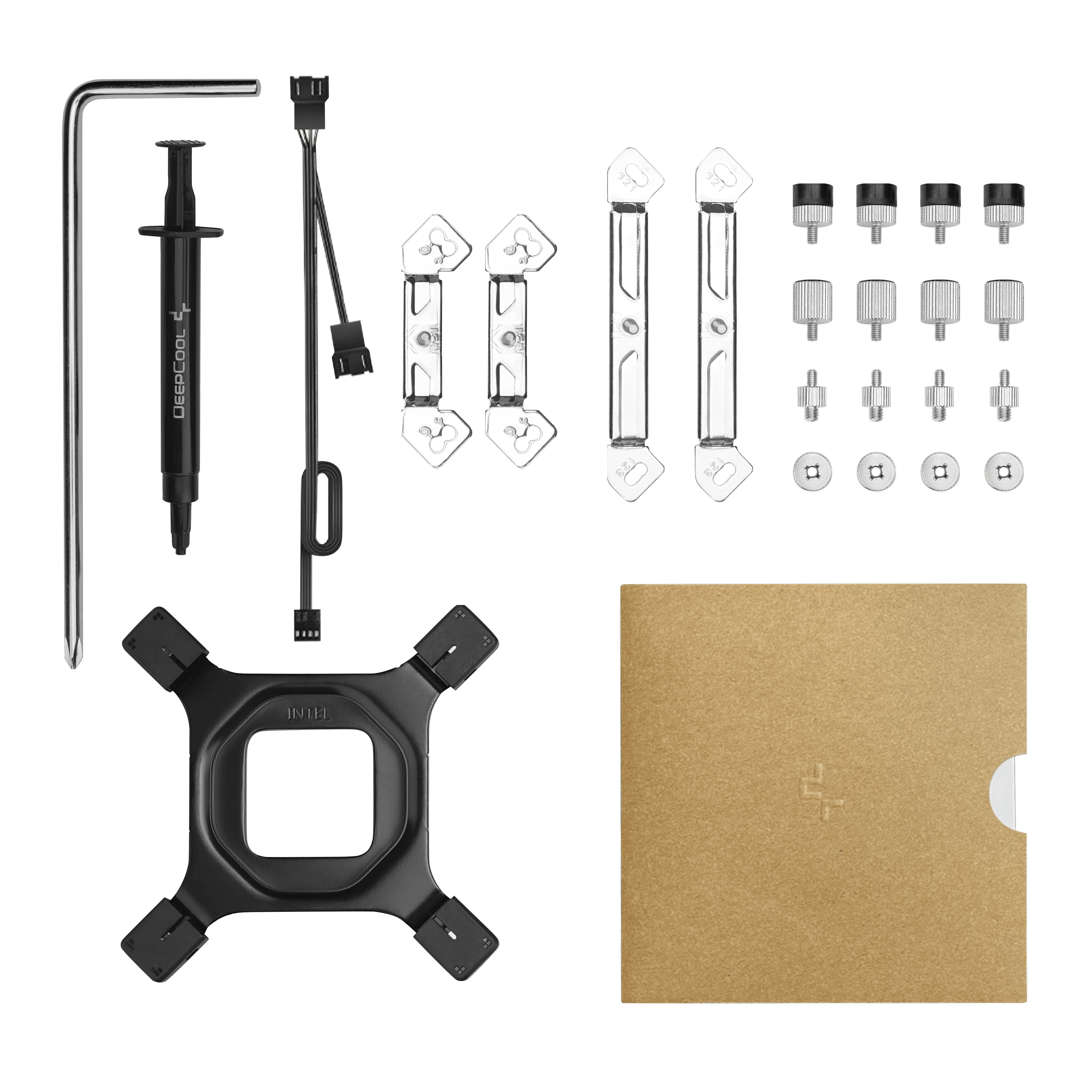 Widok z góry na komponenty PC: czarny wspornik, tuba pasty termoprzewodzącej, pudełko i śruby. Wszystko na białym tle.