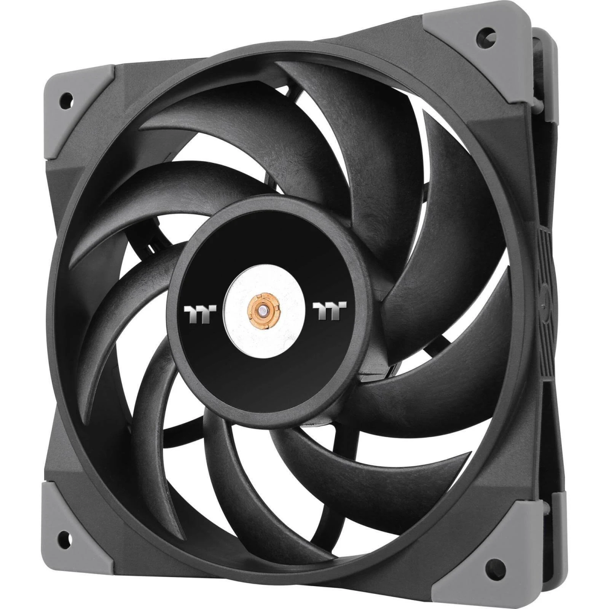 Una ventola per computer nera con pale curve e un mozzo centrale. Angoli grigi. La ventola è su sfondo bianco.