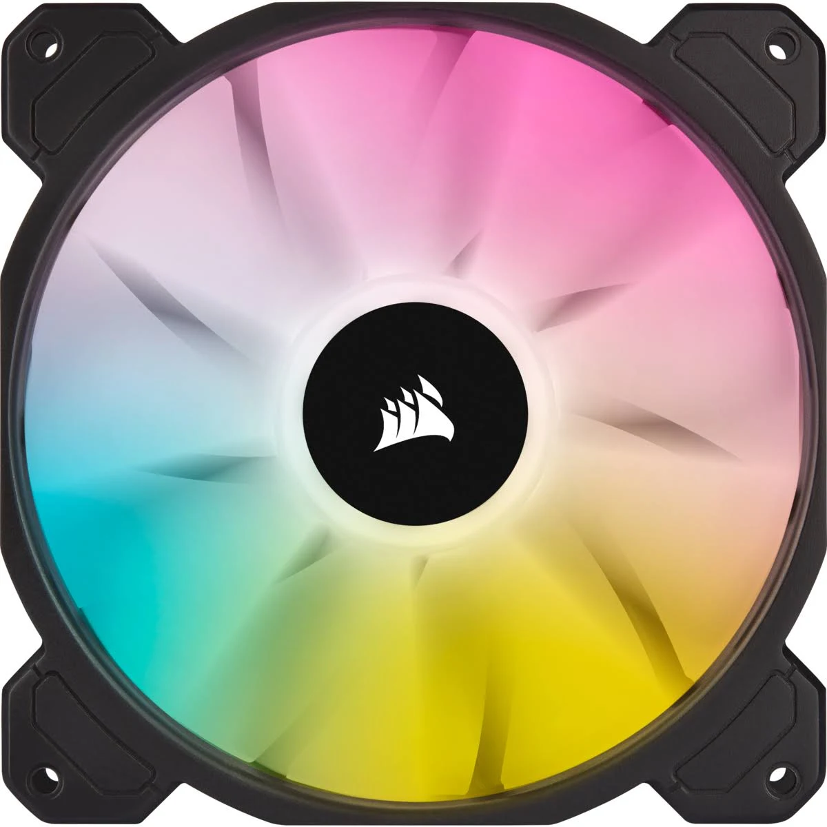 Una ventola per computer con illuminazione RGB. Le pale sono multicolore e circondate da una cornice nera. Al centro c'è un logo Corsair.