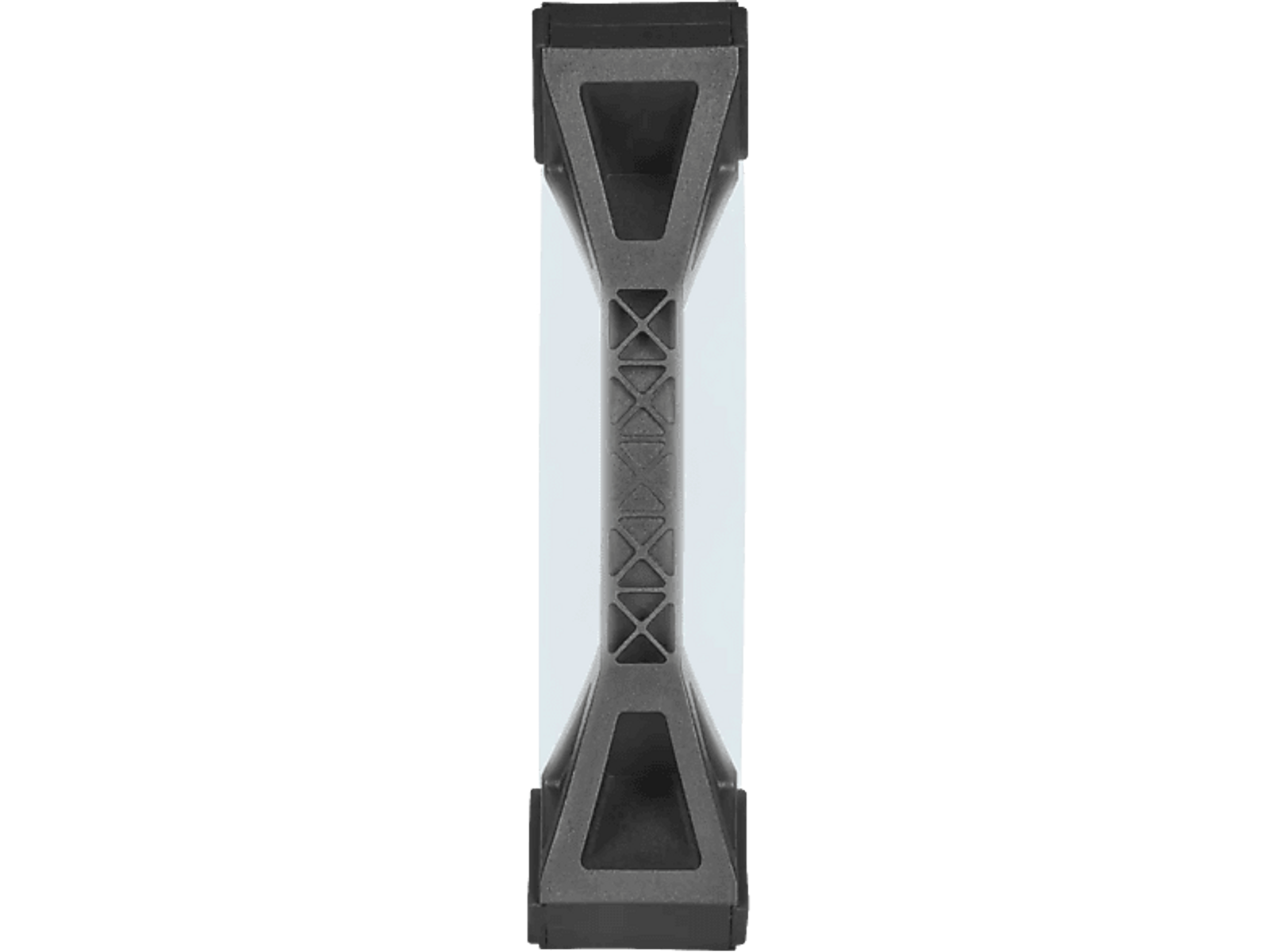 Una struttura geometrica grigio scuro con una sezione centrale più chiara, su sfondo nero.