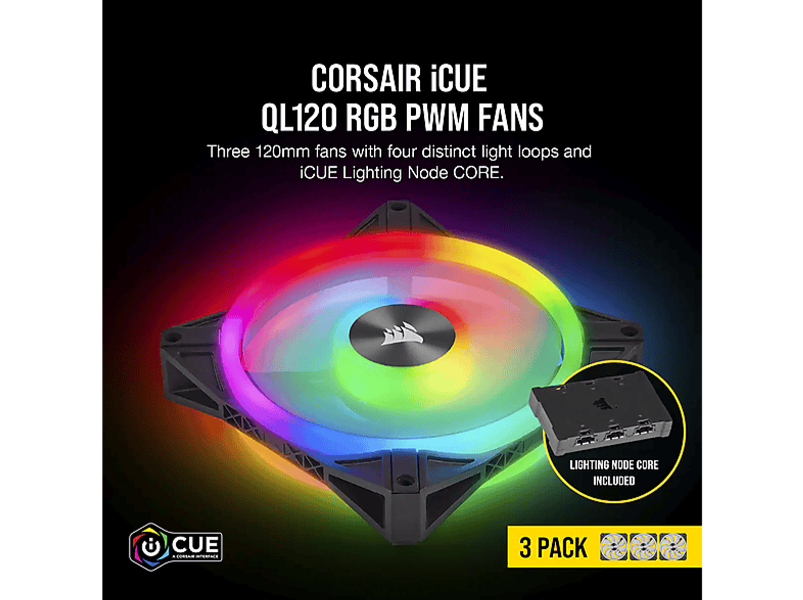 L'immagine mostra ventole Corsair iCUE QL120 RGB PWM. Le ventole hanno luci colorate e fanno parte di un pacco da 3, con un core di illuminazione.