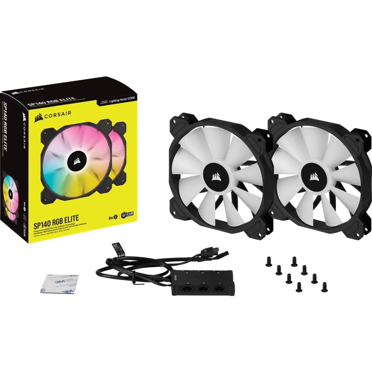 Una scatola con ventole Corsair SP140 RGB Elite, due ventole, un modulo di controllo, viti e nastro biadesivo.