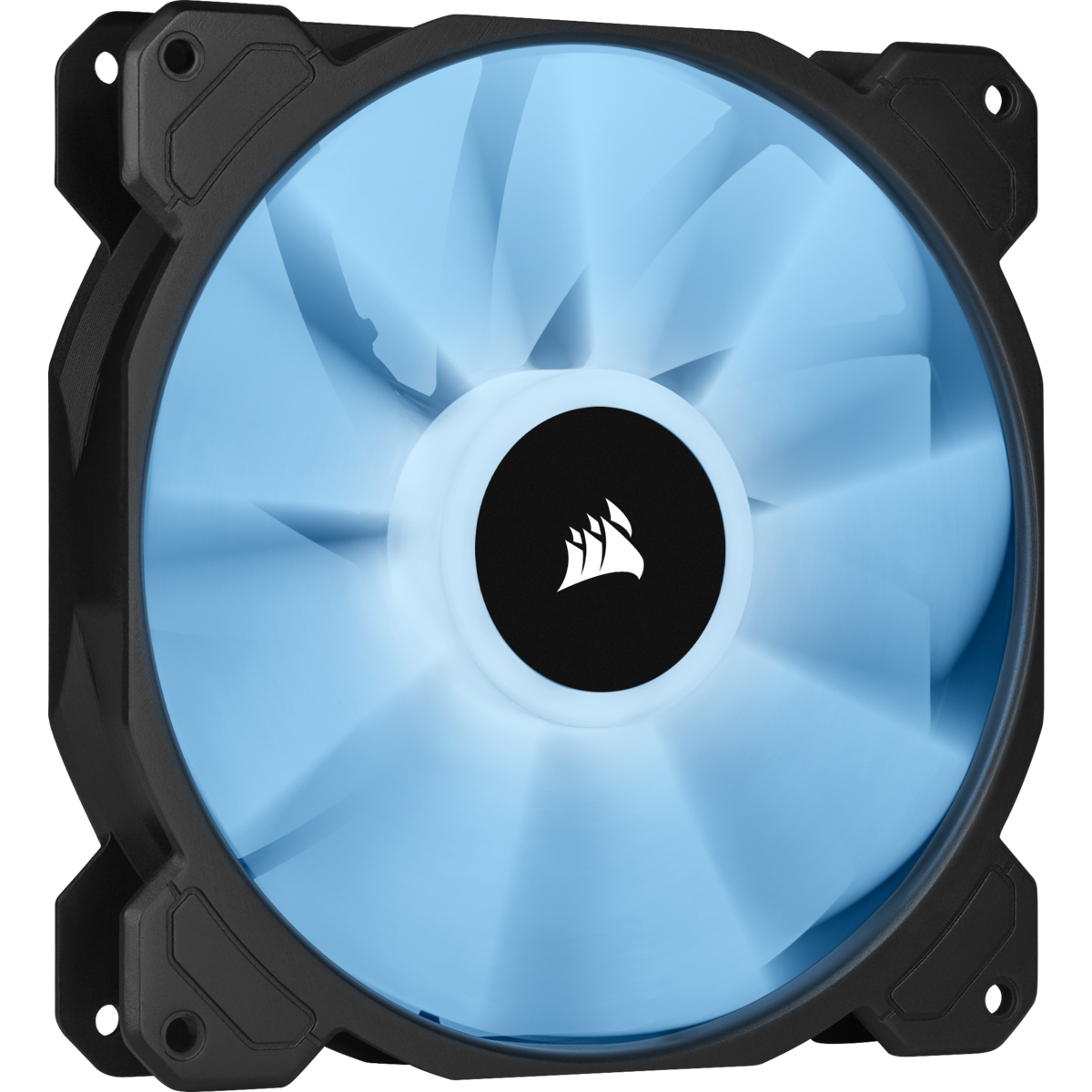Una ventola per computer Corsair nera con pale azzurro chiaro. Il centro ha un cerchio nero con un logo bianco.