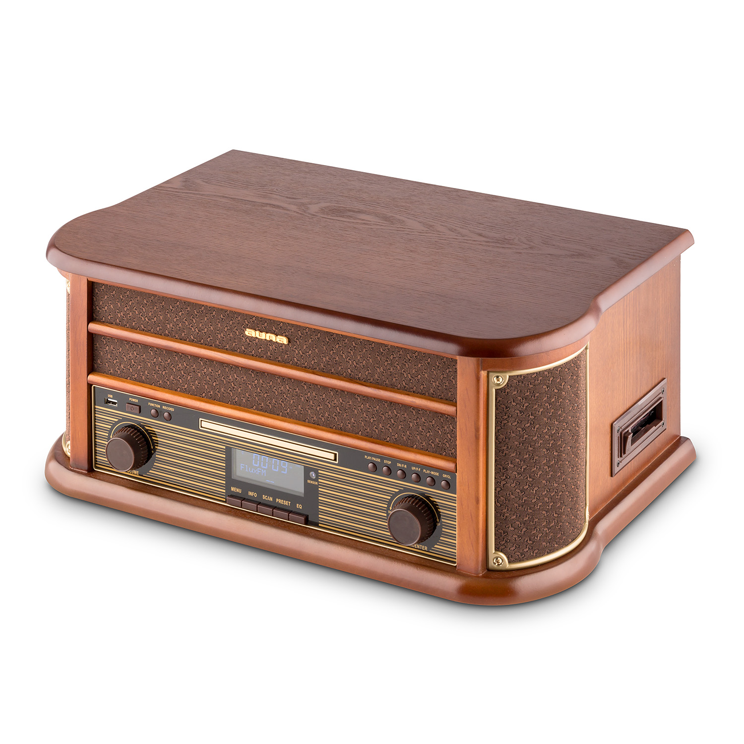 Ein Musikplayer im Retro-Stil aus Holz. Er hat ein braunes Holzgehäuse mit Lautsprecher und Bedienfeld. Das Display zeigt 00:09.