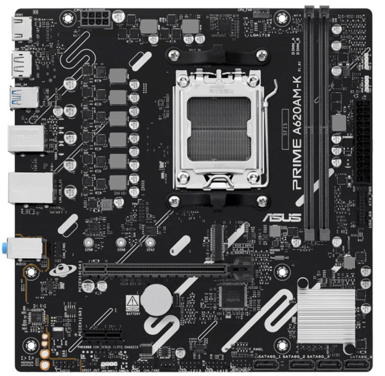 Siyah ASUS Prime A620AM-K anakart, çeşitli bileşenler, konektörler ve ASUS logosu ile. Ryzen soketi görülebilir.