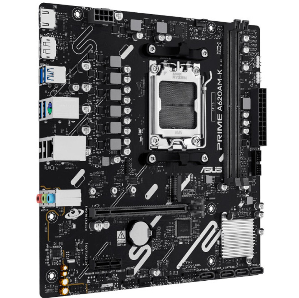 Siyah ASUS Prime A620AM-K anakart, RAM yuvaları, CPU soketi ve çeşitli bağlantı noktaları gibi bileşenlerle. Arka plan düz.