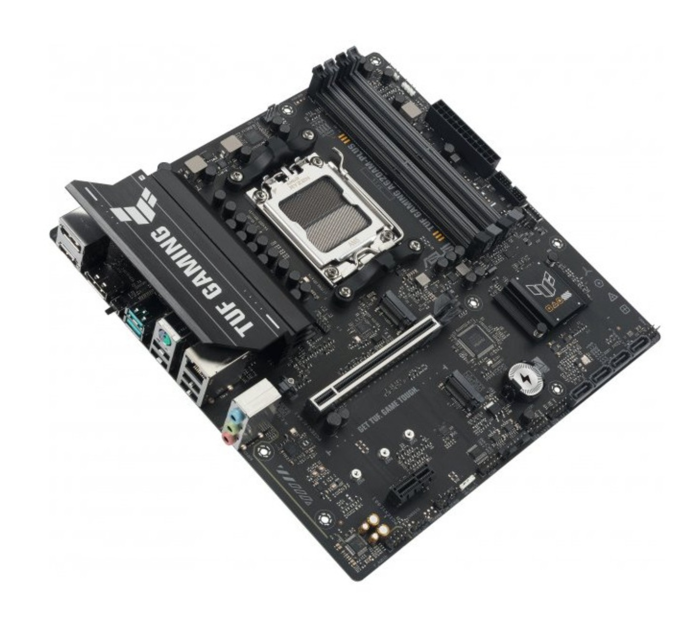Une carte mère d'ordinateur noire. Elle comprend des composants comme un socket CPU, des emplacements RAM et divers connecteurs, sur fond blanc.