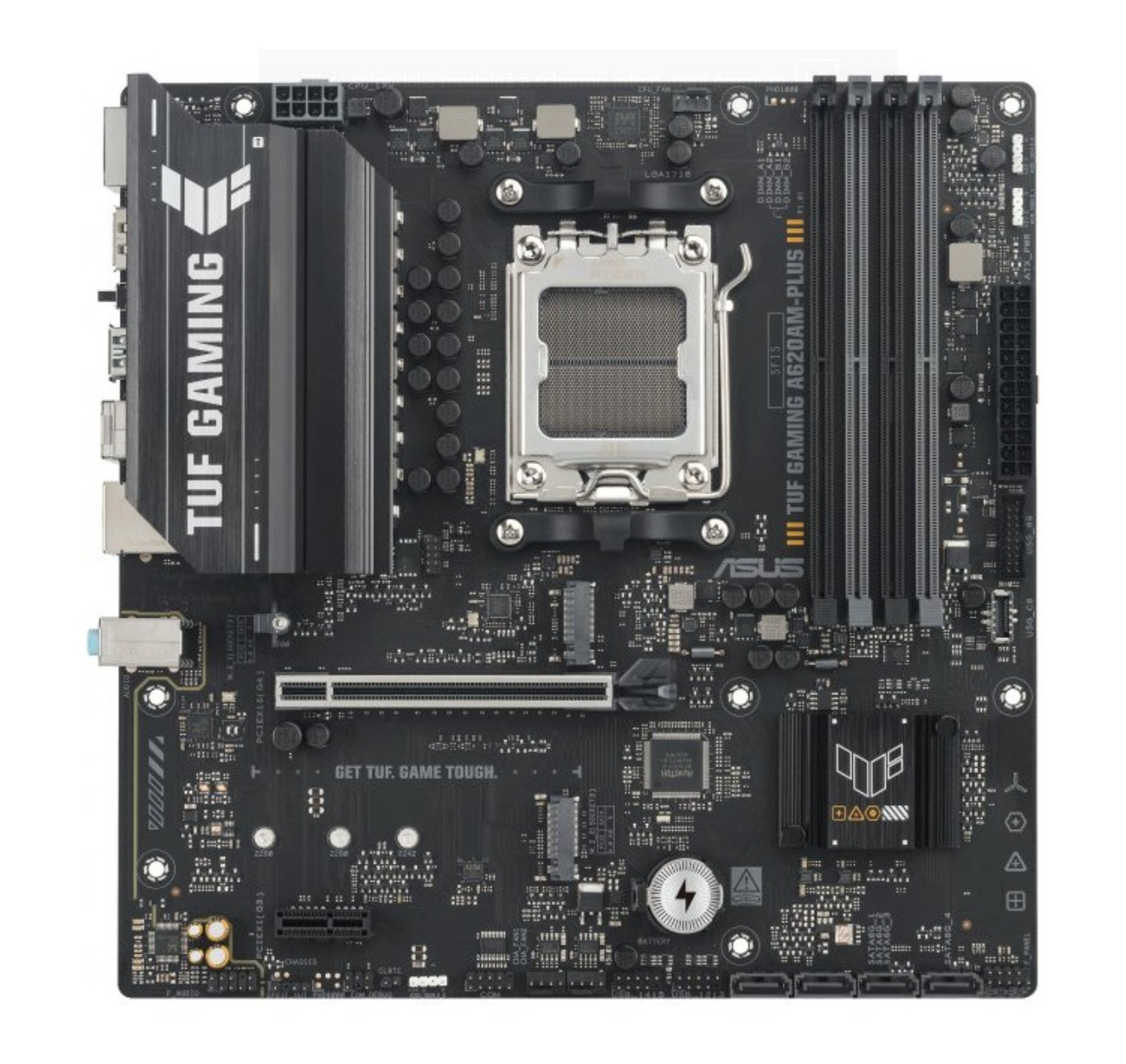 Une carte mère noire ASUS TUF GAMING A620AM-PLUS III avec divers composants, dont un socket CPU et plusieurs emplacements.