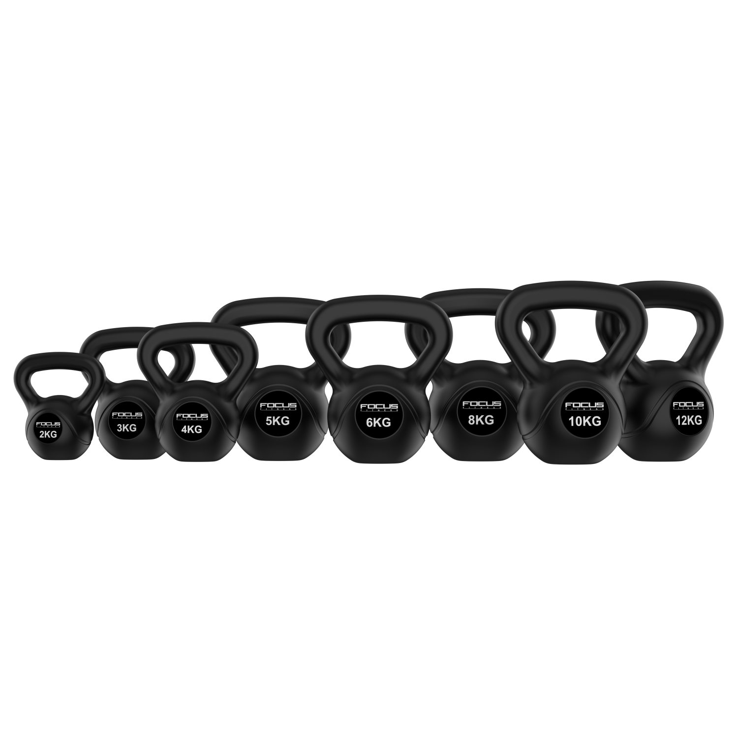 Several black kettlebells, lined up. Each has a weight label: 2kg, 3kg, 4kg, 5kg, 6kg, 8kg, 10kg, and 12kg. White background.