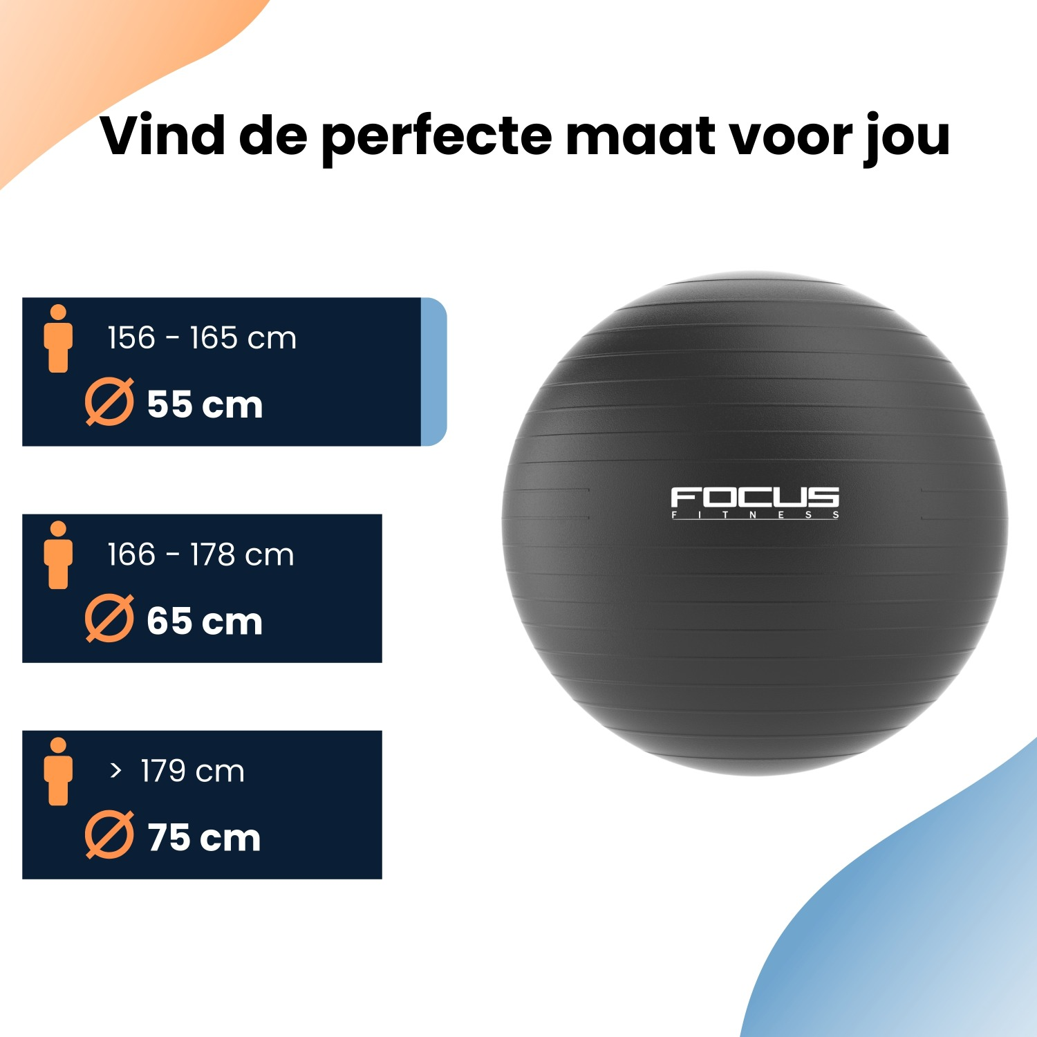 Image shows a black fitness ball with size recommendations. Three height ranges with corresponding ball diameters are displayed.