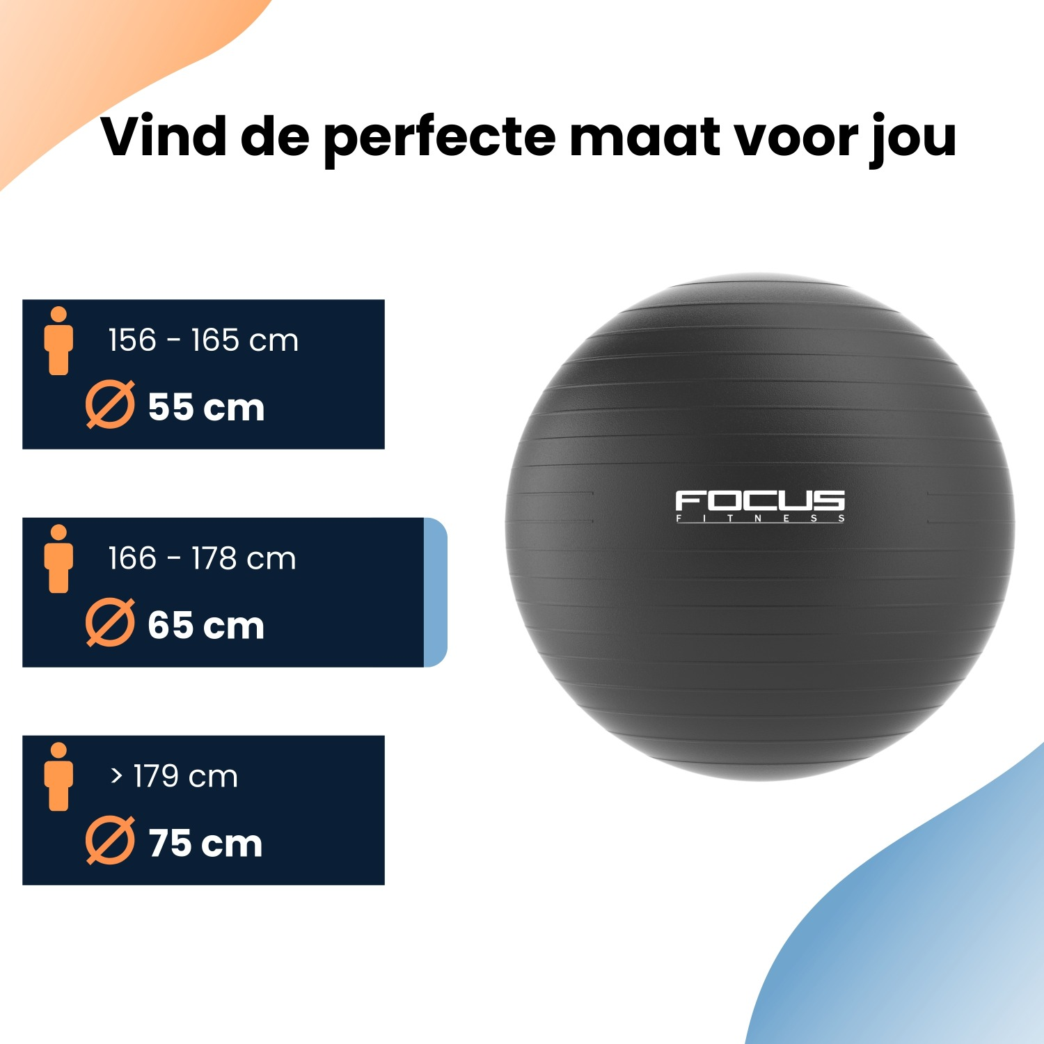 Een afbeelding toont een zwarte fitnessbal met maattabellen voor verschillende hoogtes. De tekst luidt: 'Vind de perfecte maat voor jou'.