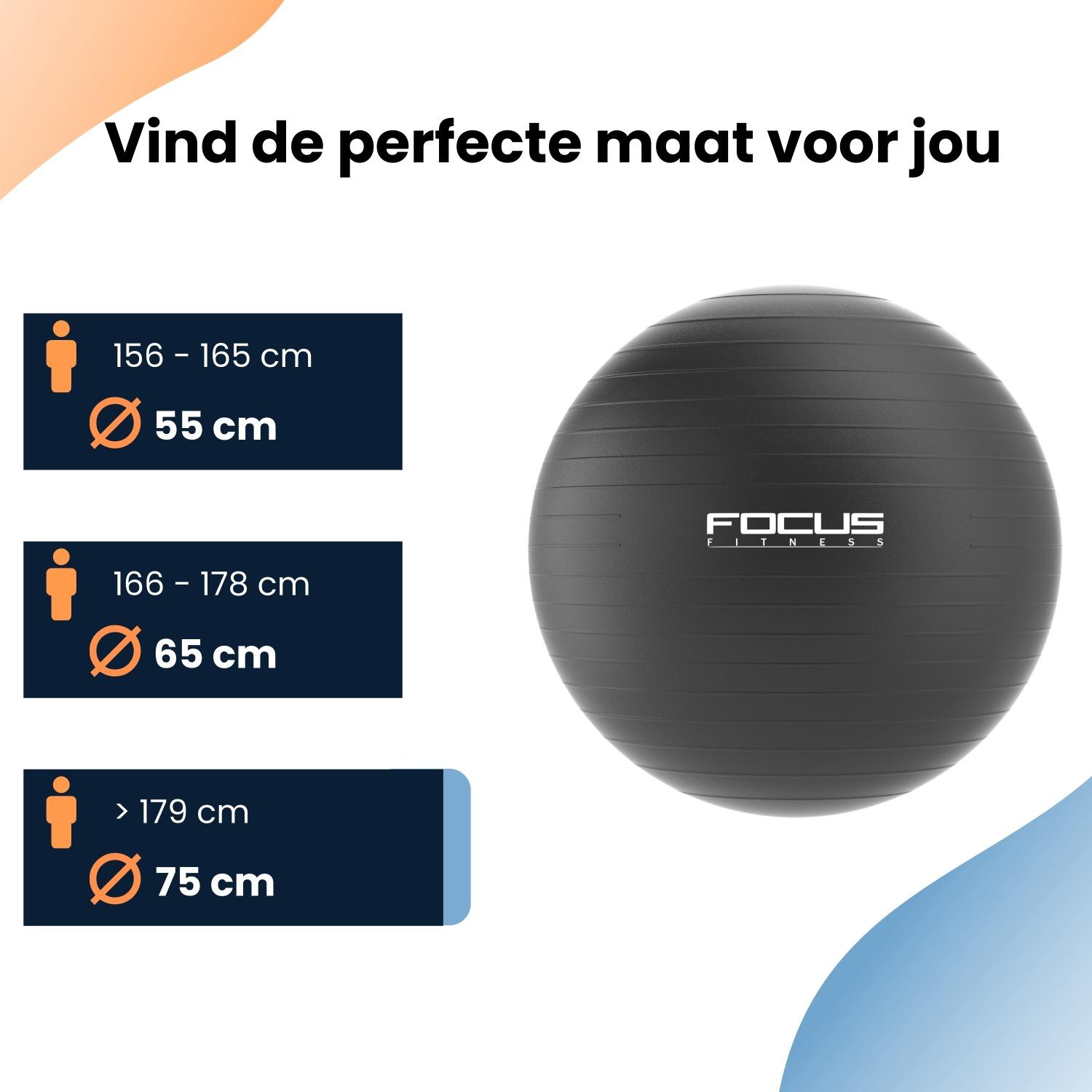 Un ballon d'exercice noir avec recommandations de taille. Des plages de taille sont associées aux diamètres des ballons. Logo Focus Fitness.