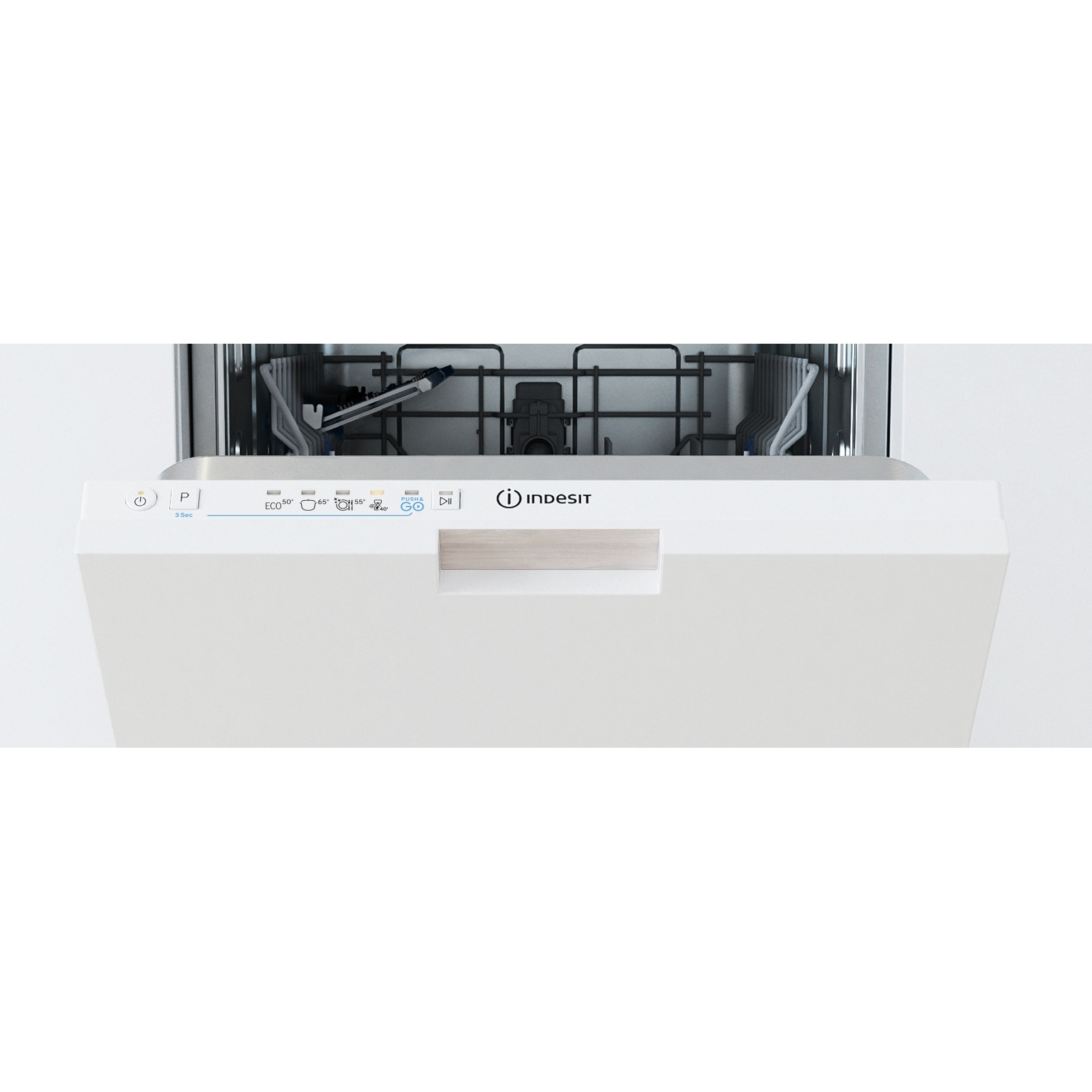 Una lavastoviglie Indesit bianca con la porta leggermente aperta, che mostra l'interno e il pannello di controllo con varie icone.