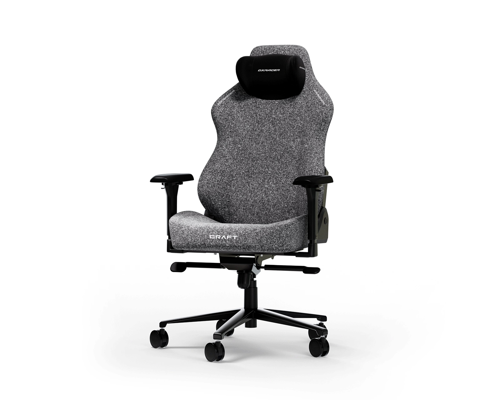 Ein grauer und schwarzer ergonomischer Gaming-Stuhl. Er hat eine Kopfstütze, Armlehnen und ein Fünf-Sterne-Gestell mit Rollen. Der Markenname ist sichtbar.
