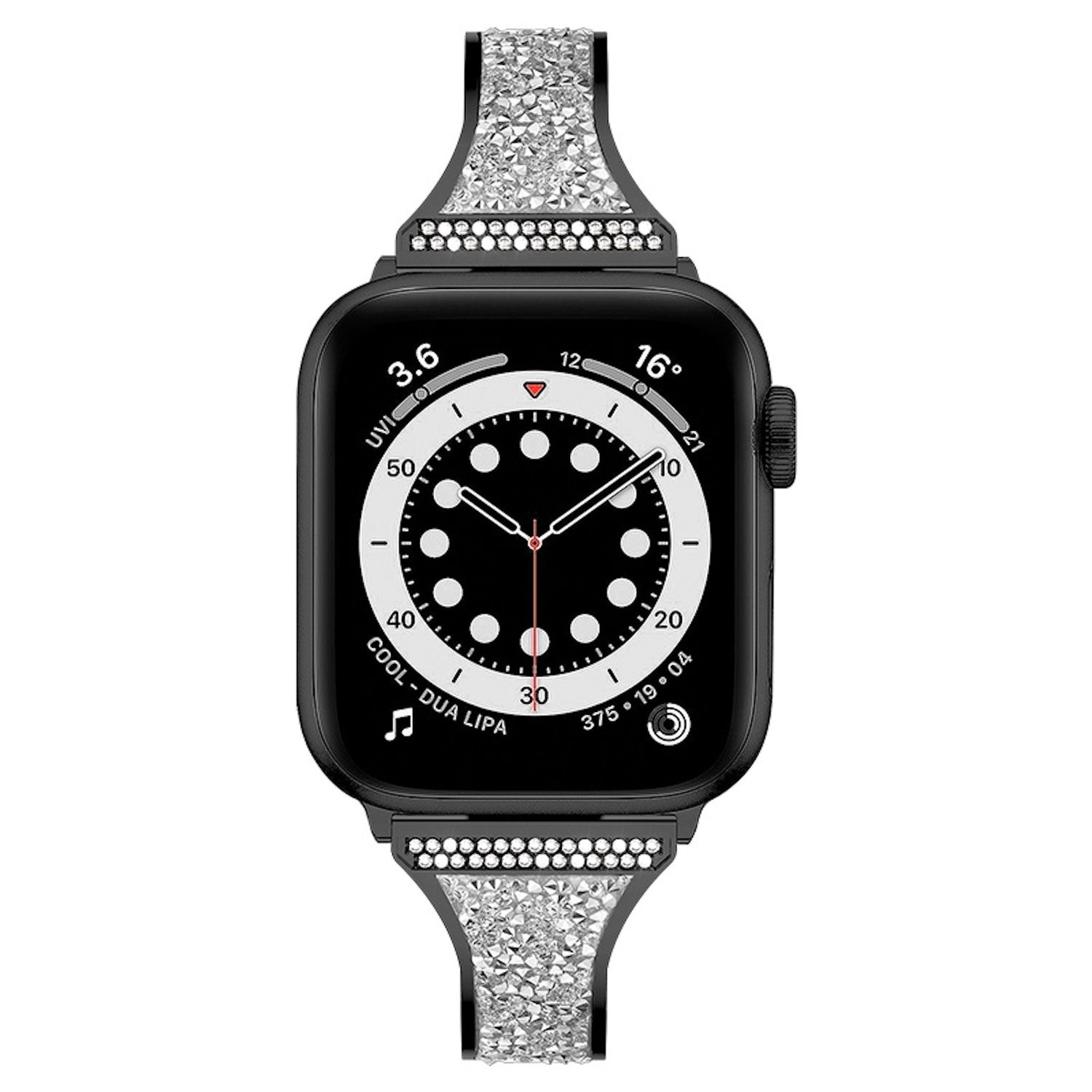 Schwarze Apple Watch mit silbernem, mit Edelsteinen besetztem Armband. Das Zifferblatt zeigt Zeit, Temperatur und Gesundheitsmetriken an.