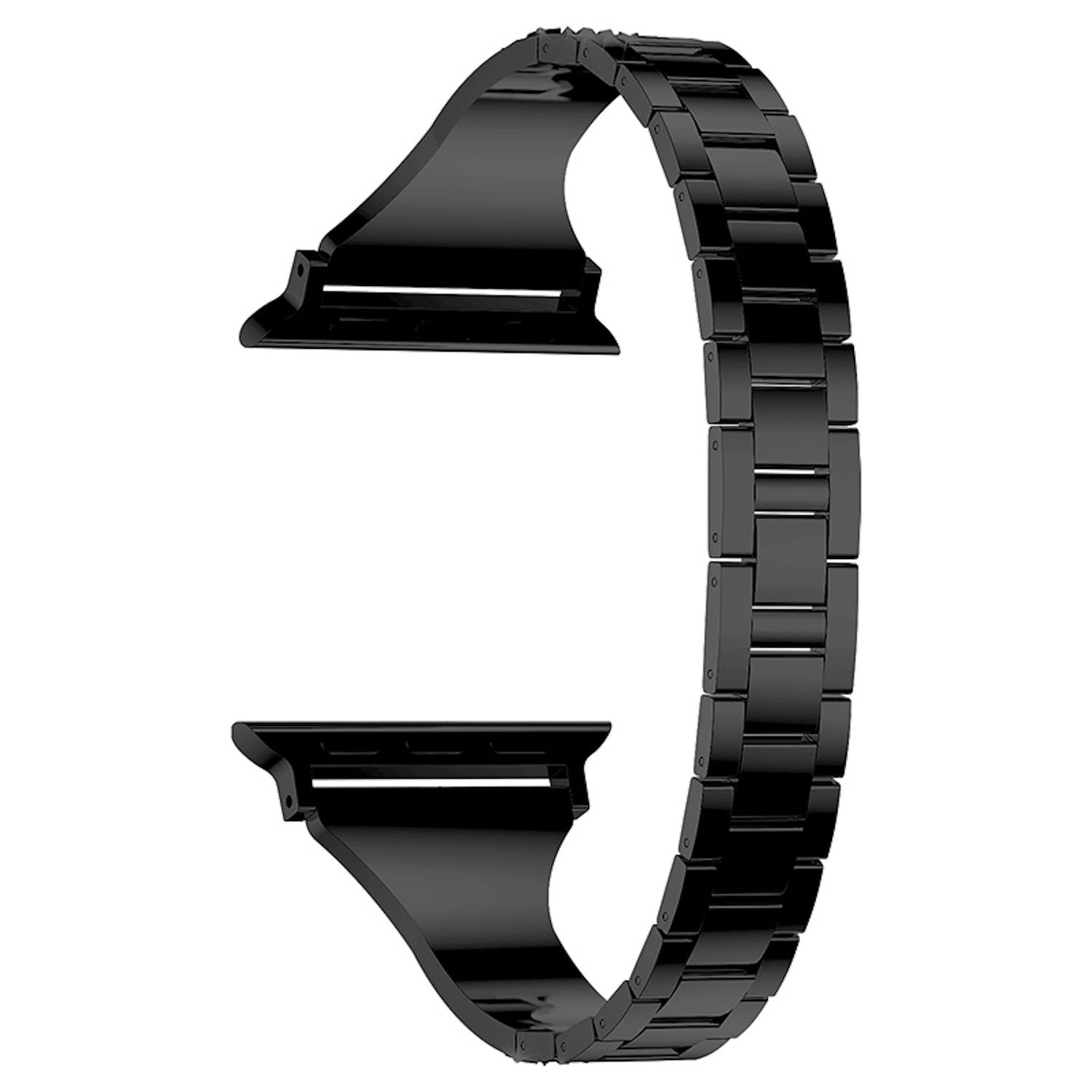 Ein schwarzes, gebogenes Uhrenarmband. Das Band besteht aus verbundenen rechteckigen Segmenten. Es hat zwei gebogene Aufsätze an den Enden.