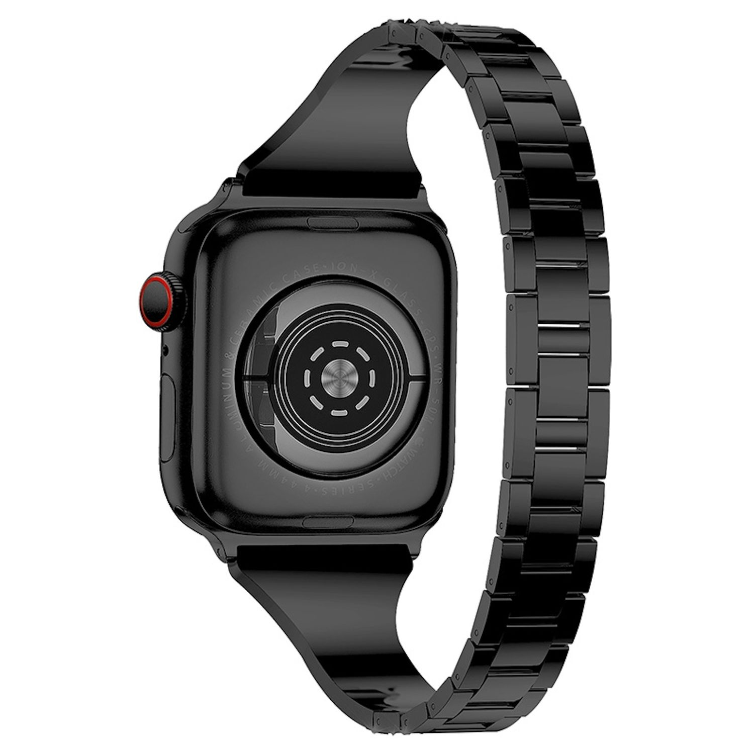 Eine schwarze Apple Watch mit Metallarmband. Das Zifferblatt ist mit Text sichtbar. Die Uhr hat einen roten Knopf. Der Hintergrund ist weiß.