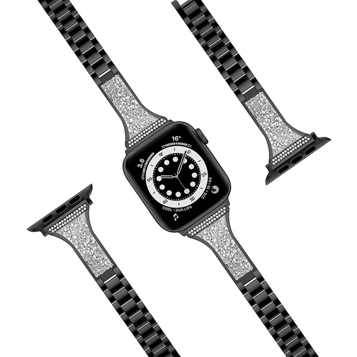 Schwarze Apple Watch mit diamantbesetztem Armband. Das Zifferblatt zeigt Uhrzeit und weitere Informationen. Das Armband ist dreiteilig.
