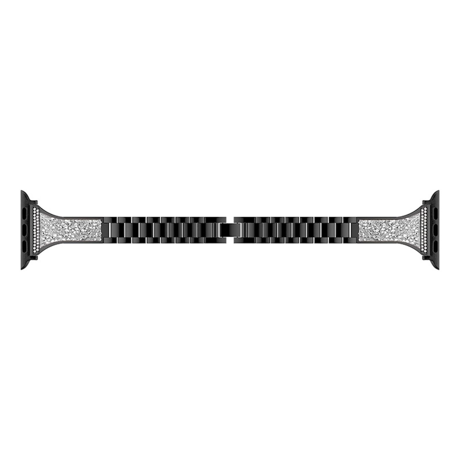 Schwarzes Uhrenarmband mit einem silbernen, funkelnden Abschnitt und einem schwarzen Gliederabschnitt. Der Hintergrund ist weiß.