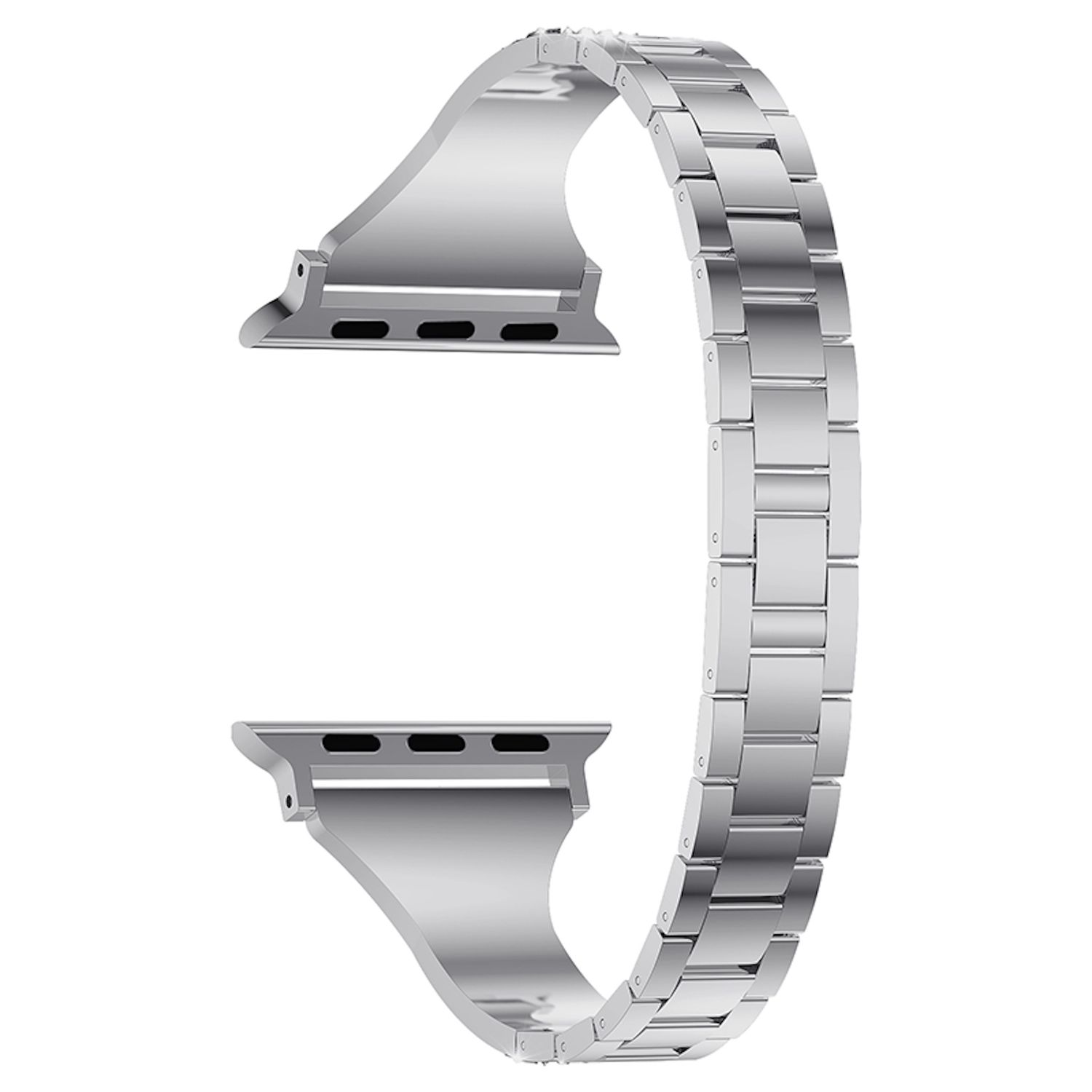 Ein silbernes Metall-Uhrenarmband liegt vor weißem Hintergrund. Das Armband hat eine halbkreisförmige Form, mit zwei Befestigungsteilen.