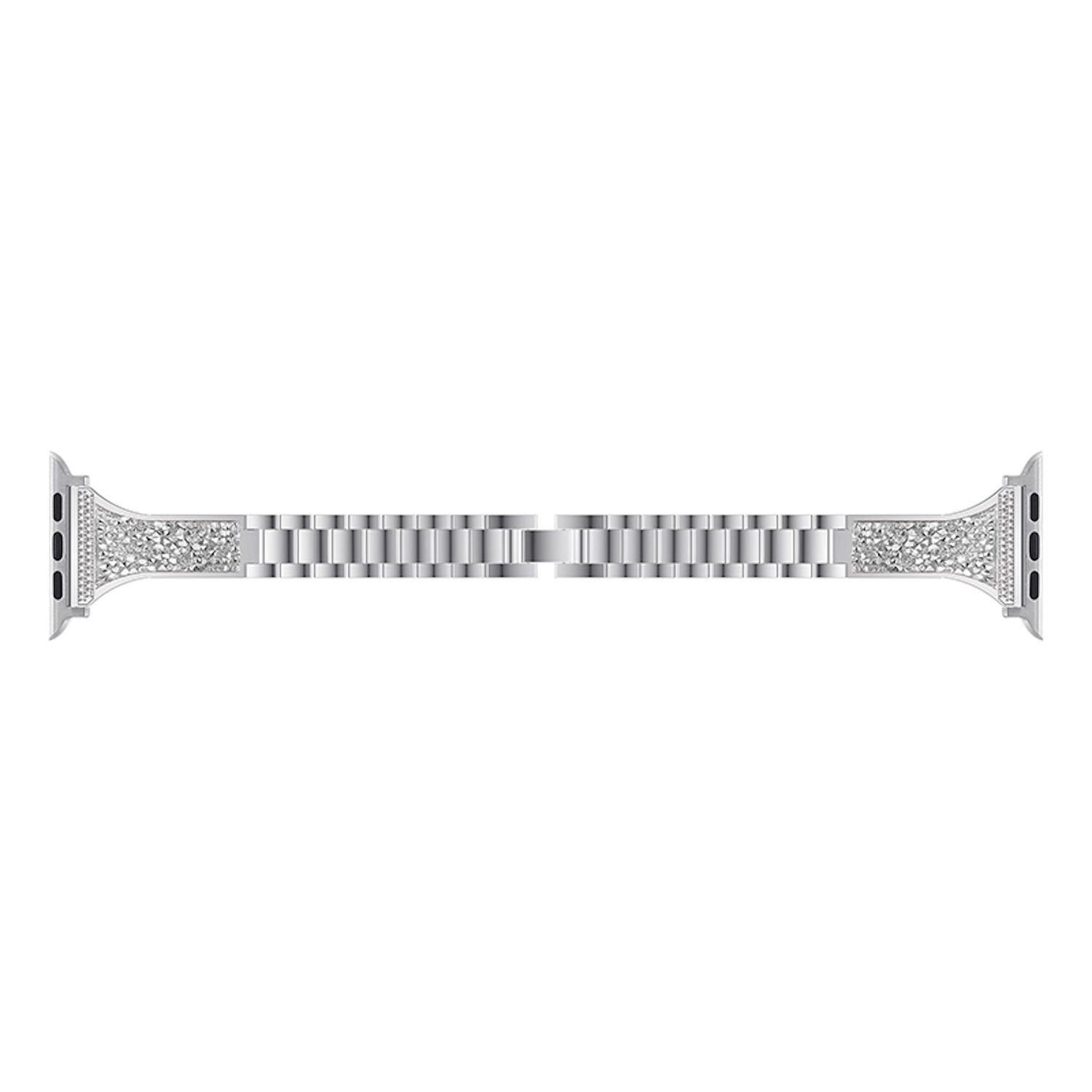Ein silbernes Uhrenarmband mit einem rautenartigen Muster an jedem Ende und einer Reihe kleiner rechteckiger Glieder in der Mitte.