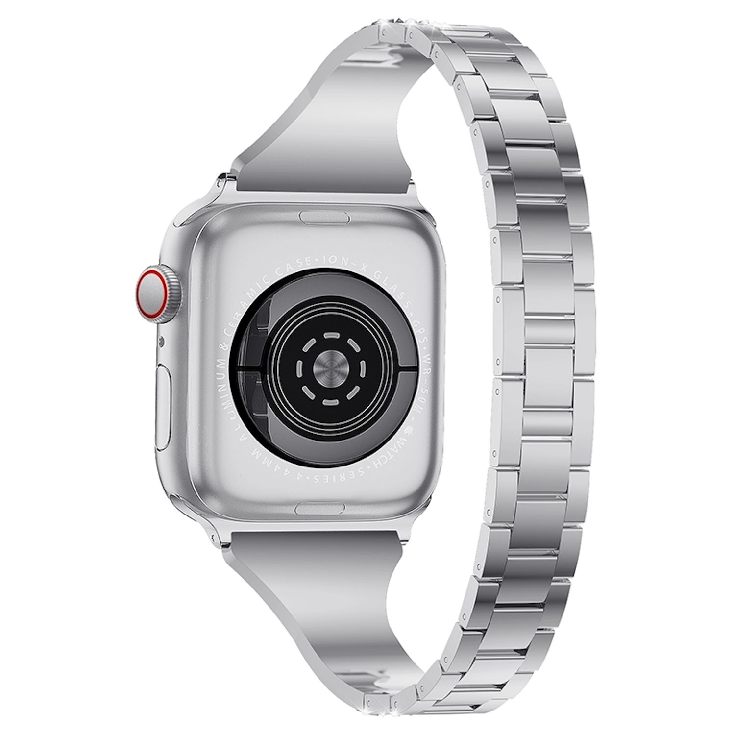 Eine silberne Apple Watch mit Metallarmband. Die Rückseite der Uhr mit Sensoren und Bandbefestigung ist zu sehen.