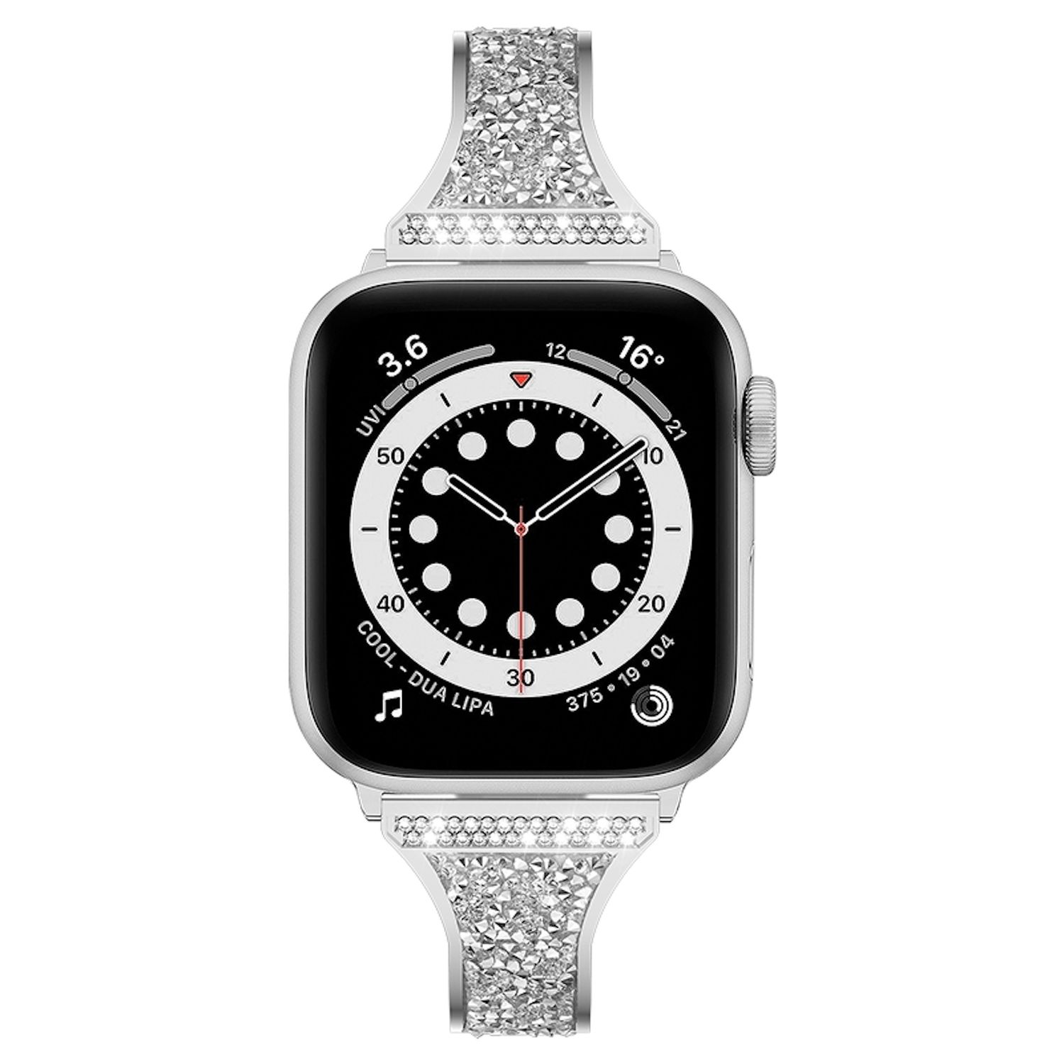 Eine silberne Apple Watch mit einem diamantbesetzten Armband. Das Zifferblatt zeigt Zeit, Temperatur und Gesundheitsmetriken an.