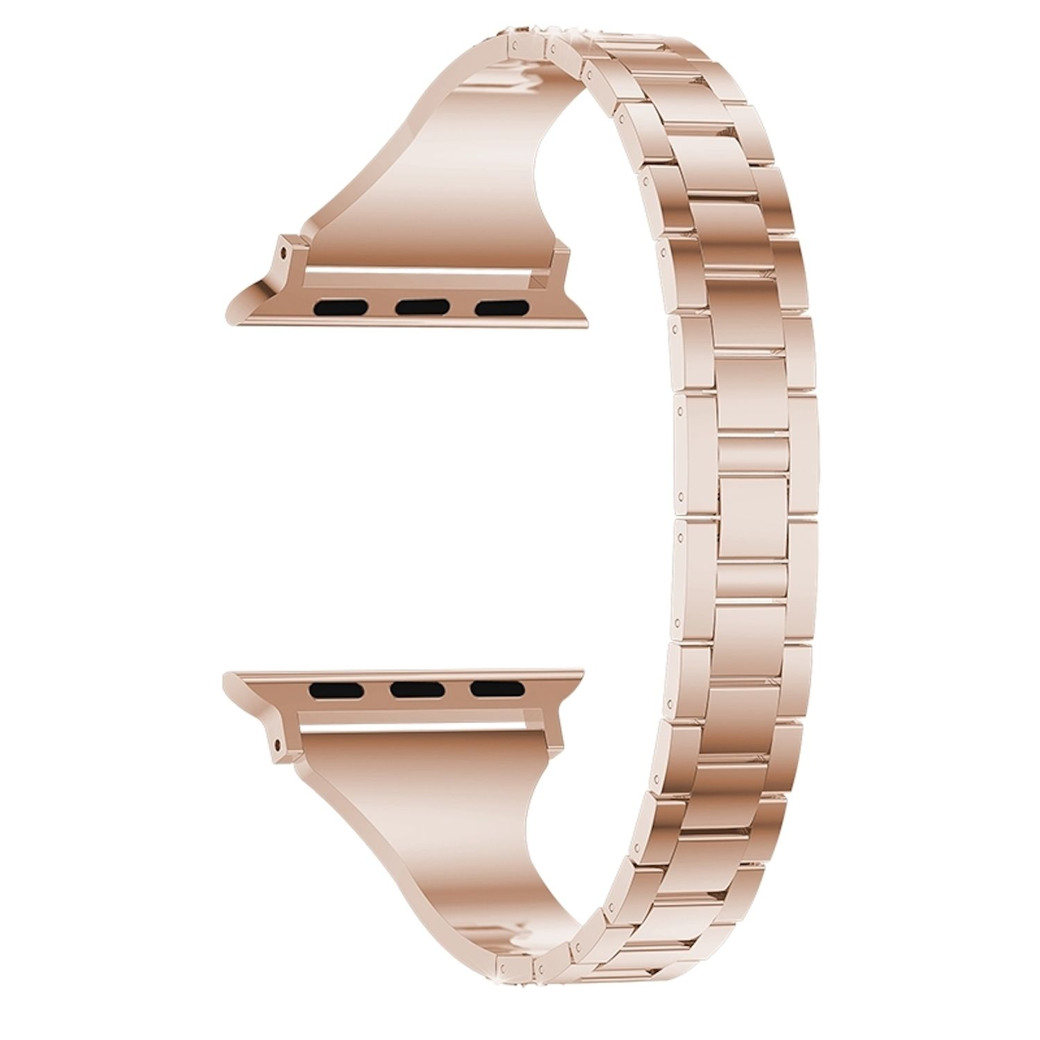 Ein roségoldenes Uhrenarmband, abgenommen. Es besteht aus zwei gebogenen Enden und einem Kettenglied-Band, alles vor weißem Hintergrund.