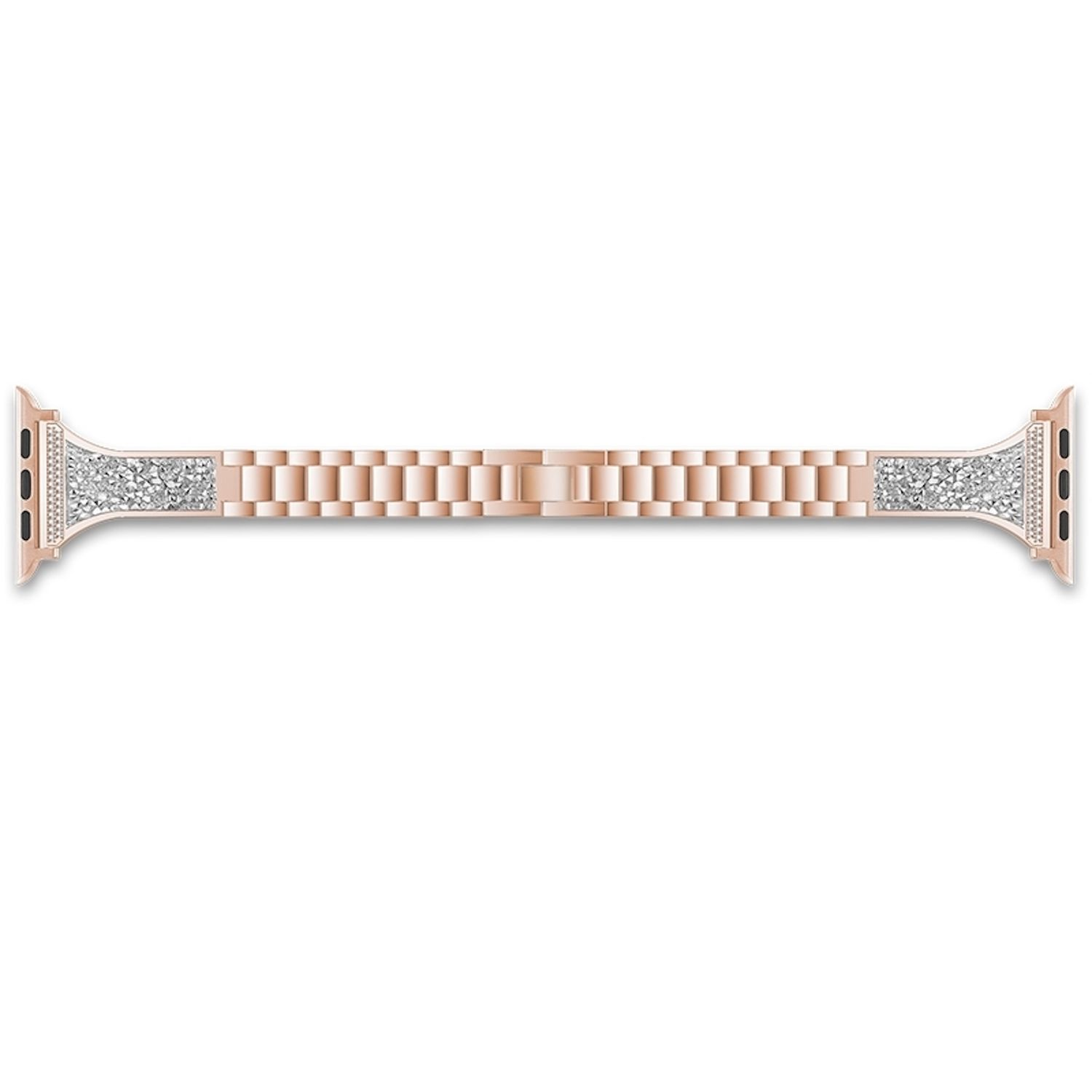 Roségoldenes Apple Watch-Armband mit Strassdesign. Das Armband besteht aus verbundenen Gliedern und Strass-besetzten Abschnitten.