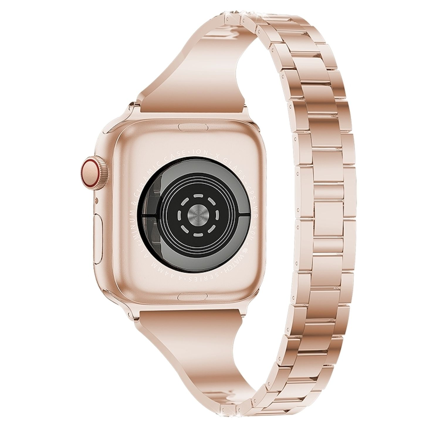 Eine roségoldene Apple Watch mit passendem Metallarmband. Die Rückseite der Uhr ist sichtbar und zeigt Sensoren. Das Armband ist teilweise geöffnet.