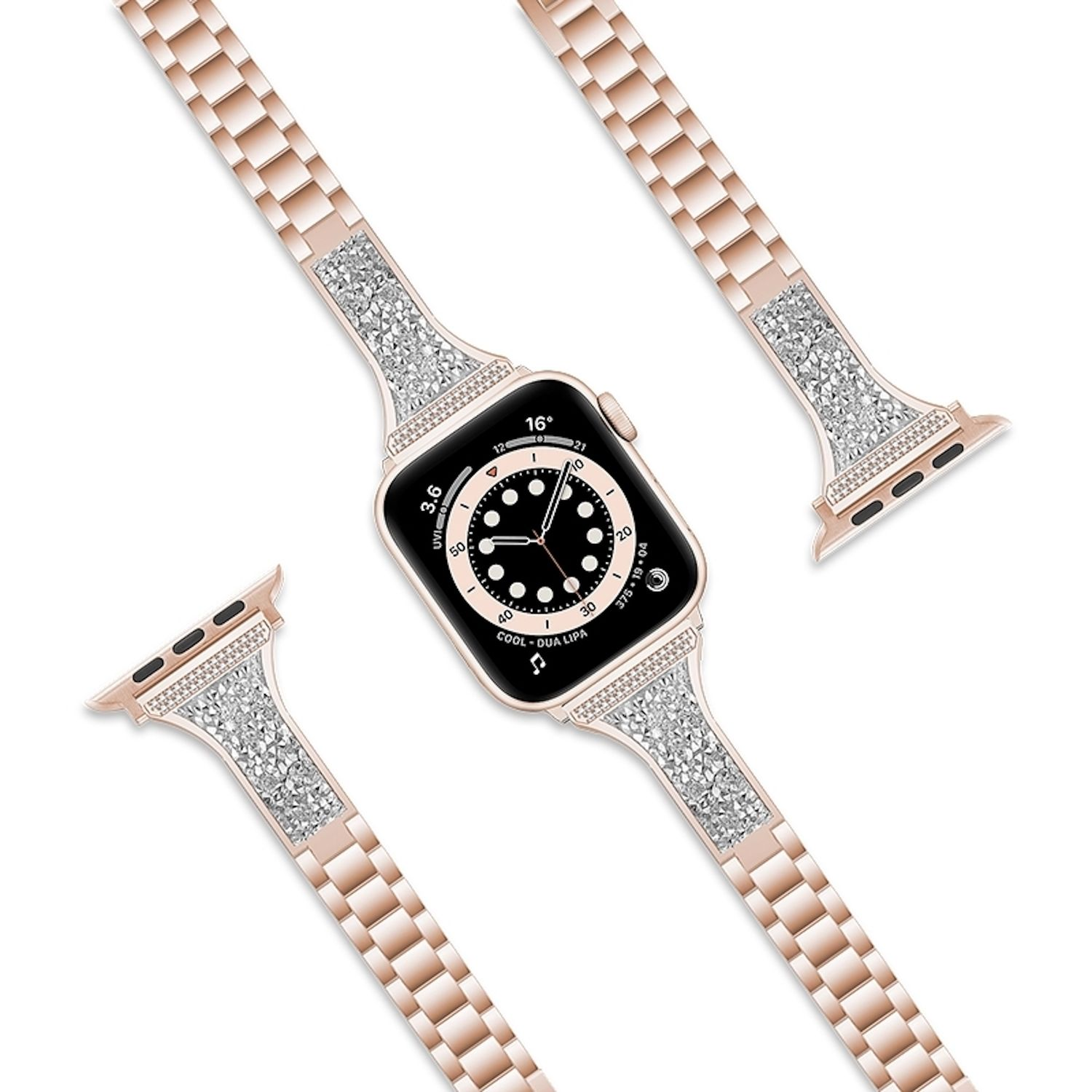 Roségoldene Apple Watch mit diamantbesetztem Armband. Das Zifferblatt zeigt einen schwarzen Bildschirm mit weißen Zahlen und Symbolen.